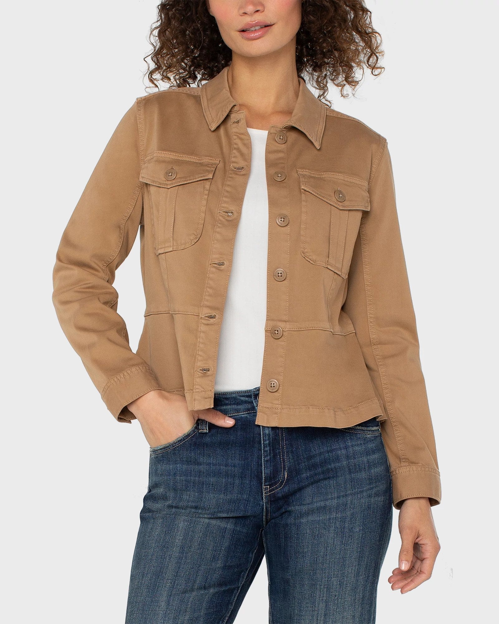 Desert Camel $|& Liverpool Peplum Hem Trucker Jacket - VOF Detail