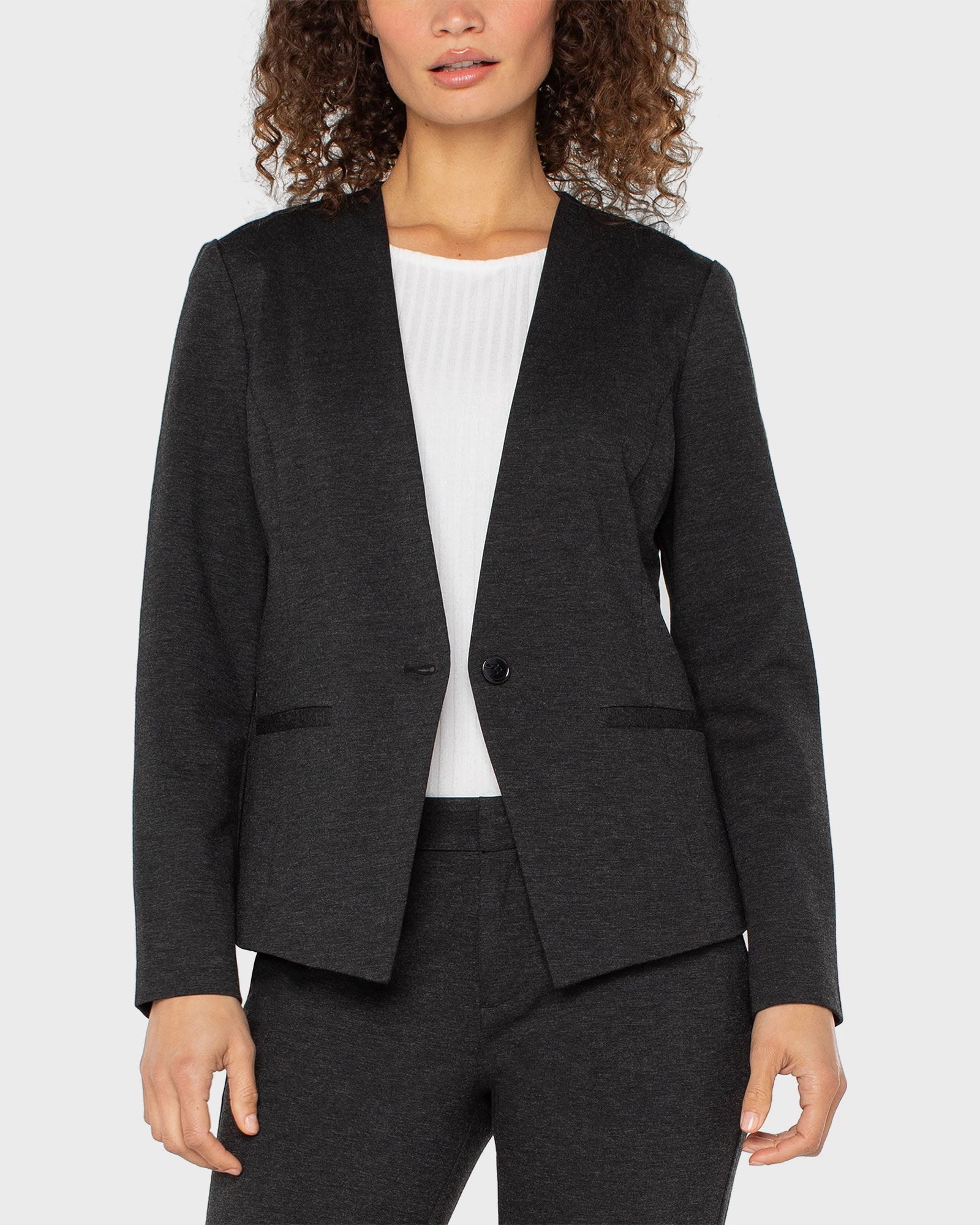 Heathered Charcoal $|& Liverpool Collarless Fitted Blazer - VOF Detail