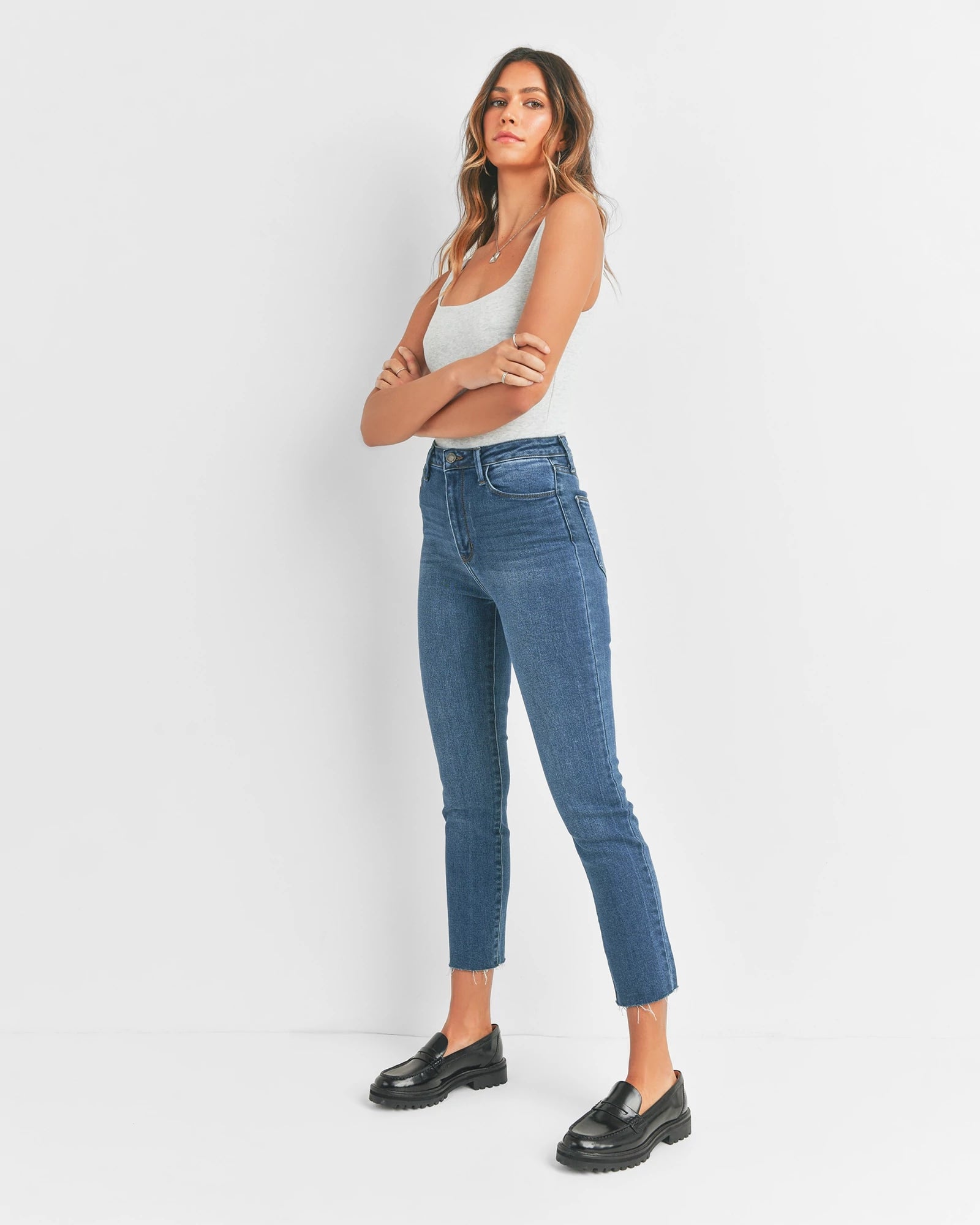 Dark Denim $|& Just Black High Rise Slim Straight Jeans - Hanger Front