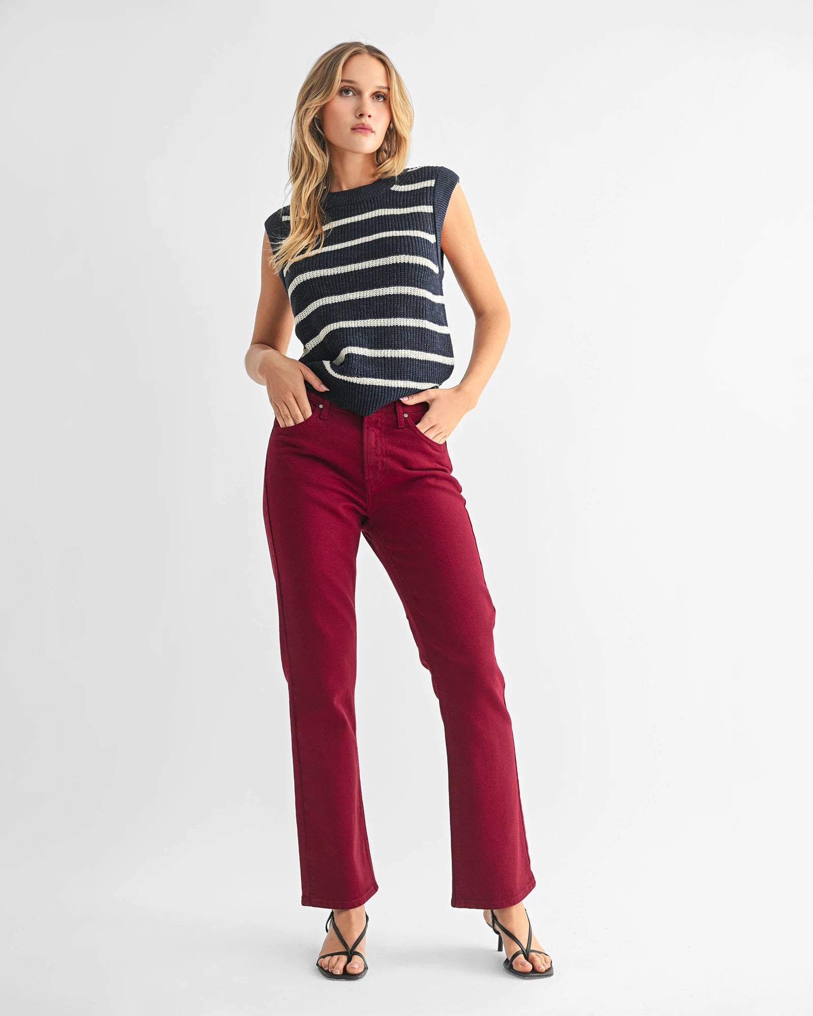 Dark Cherry $|& Just Black Slim Cropped Bootcut Jeans - VOF Detail