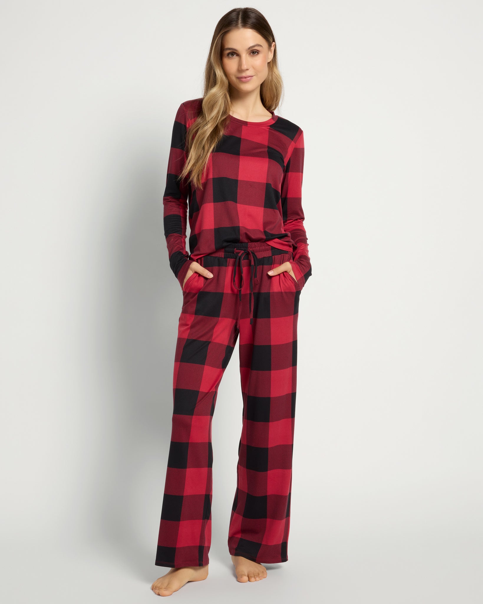 Red/Black Plaid $|& Bobeau Sleepwear Printed Butter Knit Long Sleeve Top & Pant