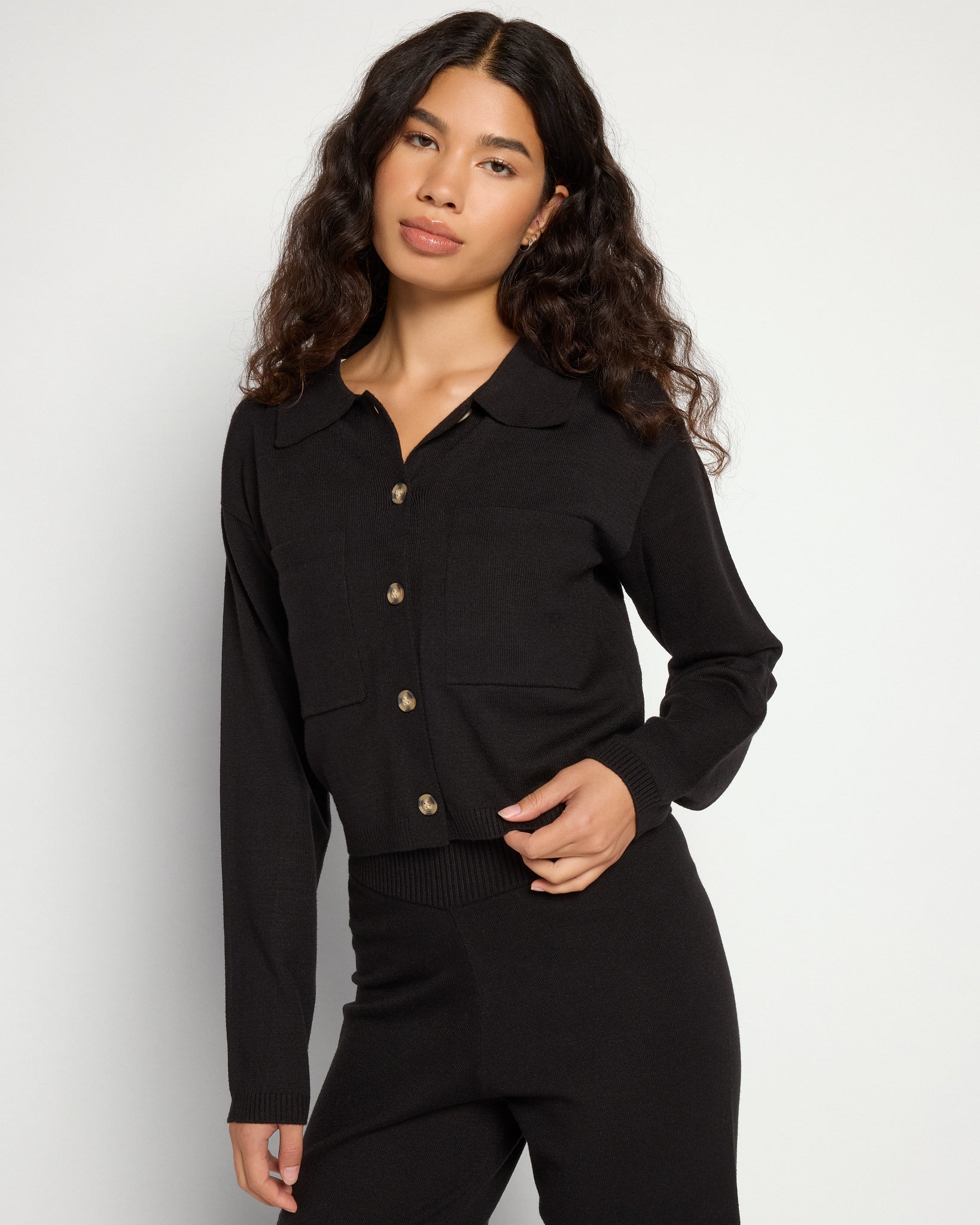 Black $|& Theo & Spence Cropped Sweater Knit Shacket - SOF Front