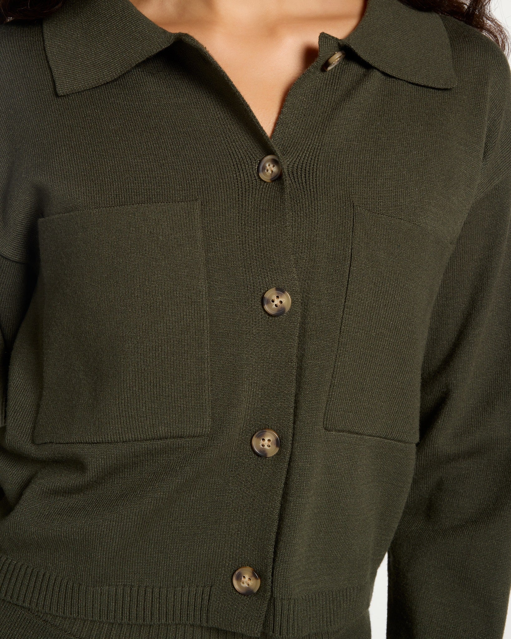 Loden $|& Theo & Spence Cropped Sweater Knit Shacket - SOF Full Front