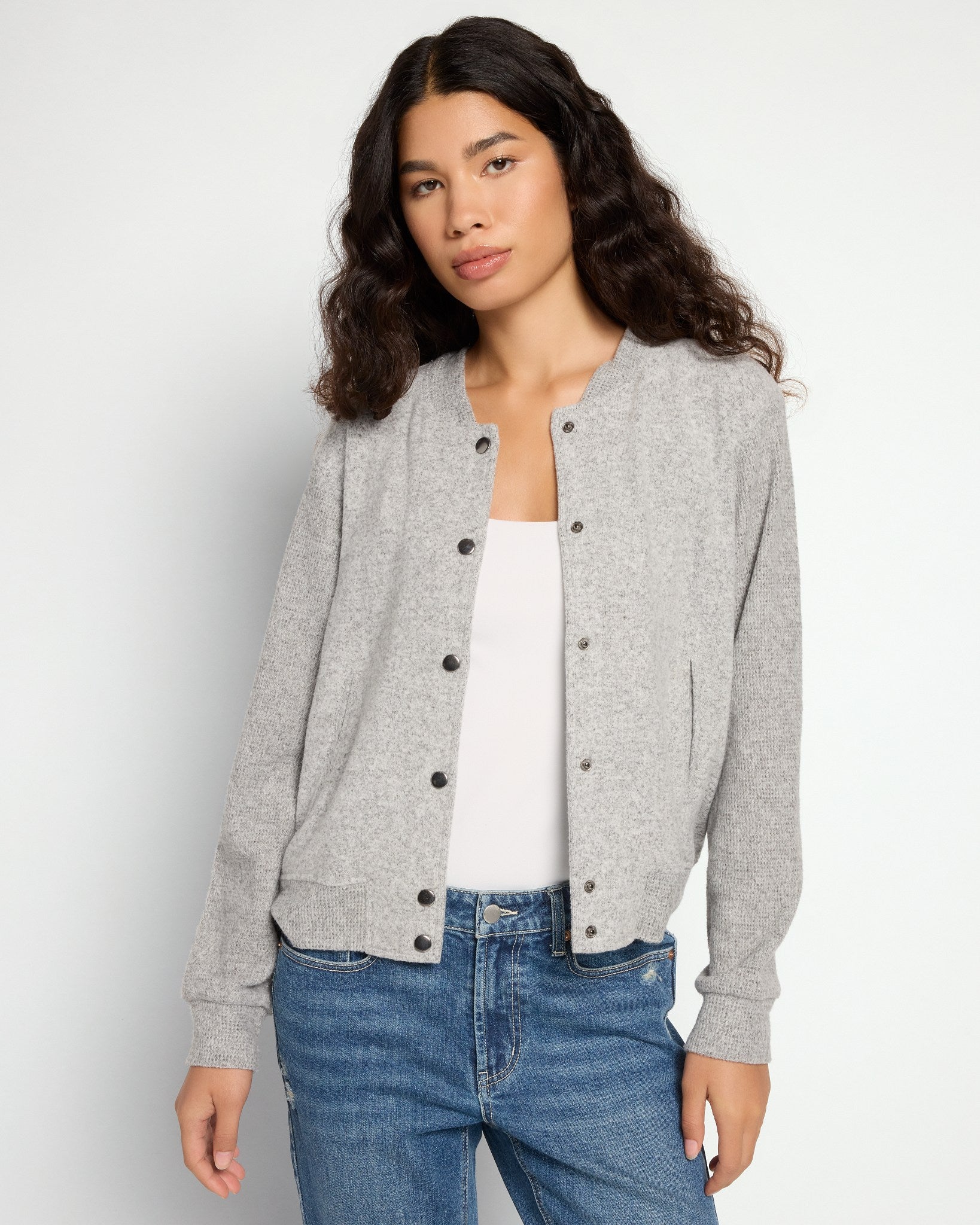 Heather Grey $|& Theo & Spence Brushed Knit Bomber Jacket - SOF Front