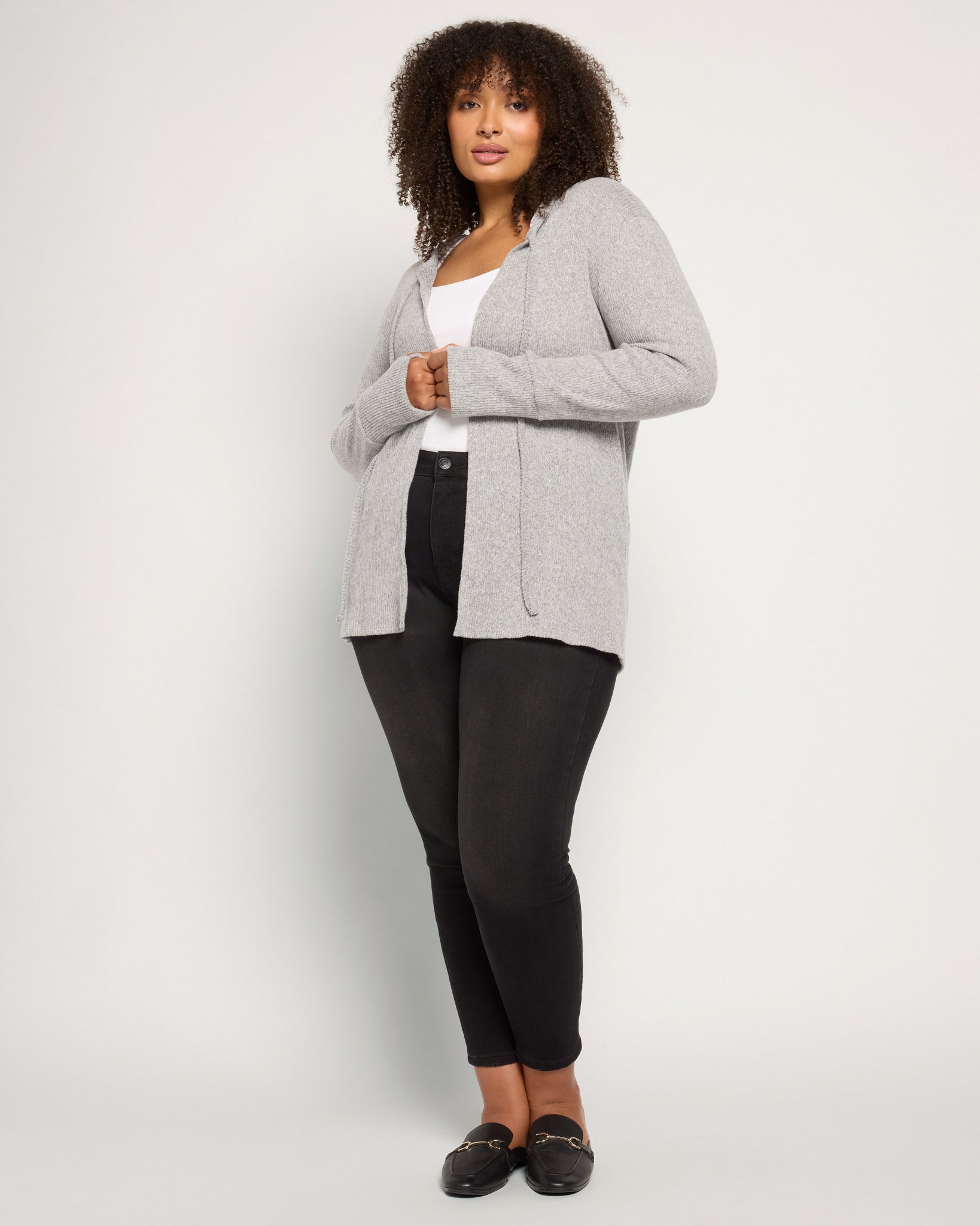 Heather Grey $|& Loveappella Hooded Cardigan with Tie Front - UGC On Fig