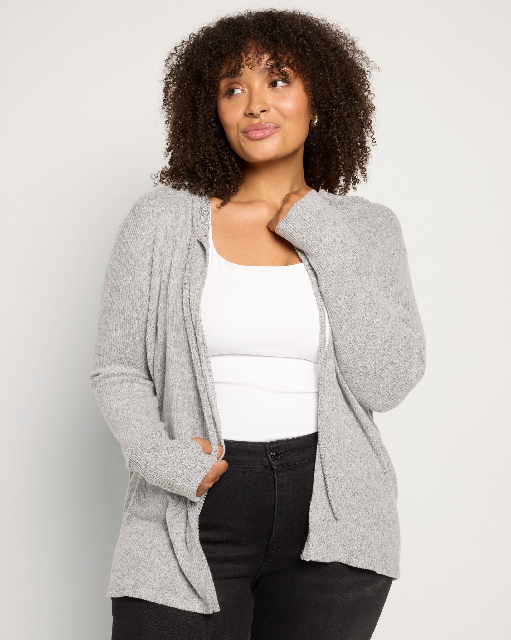 Heather Grey $|& Loveappella Hooded Cardigan with Tie Front - SOF Front