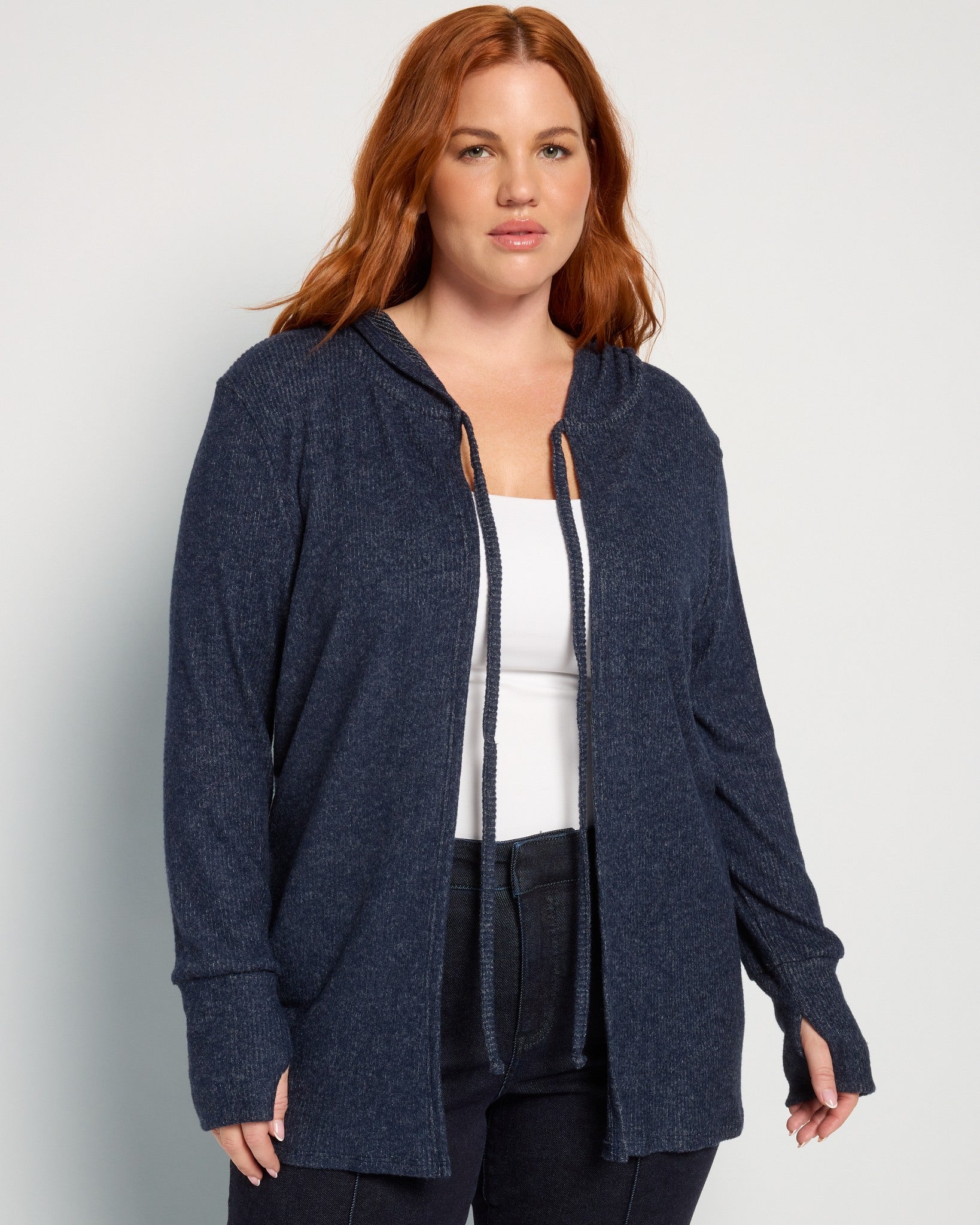 Navy $|& Loveappella Hooded Cardigan with Tie Front - SOF Front