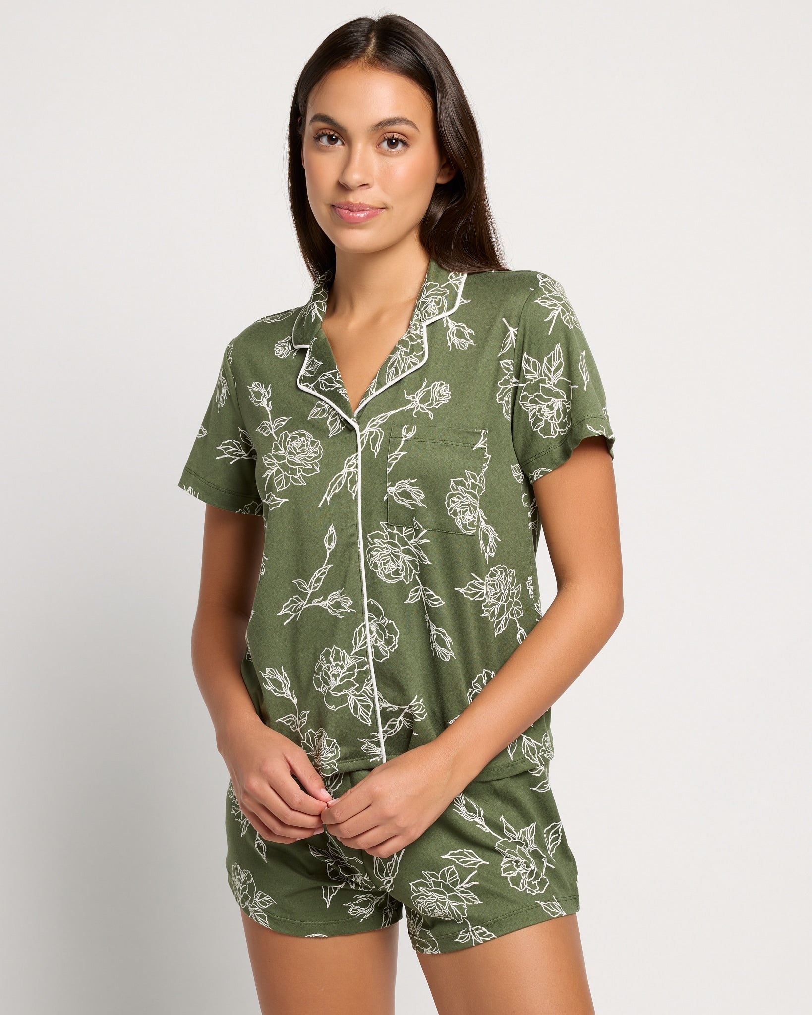 Cypress Floral $|& Bobeau Butter Knit Brushed DTY Printed V-Neck and Short Set - SOF Front