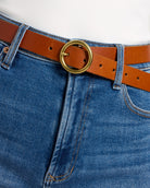 Tan $|& Most Wanted USA Brass Toned Circle Buckle Leather Belt - SOF Full Front