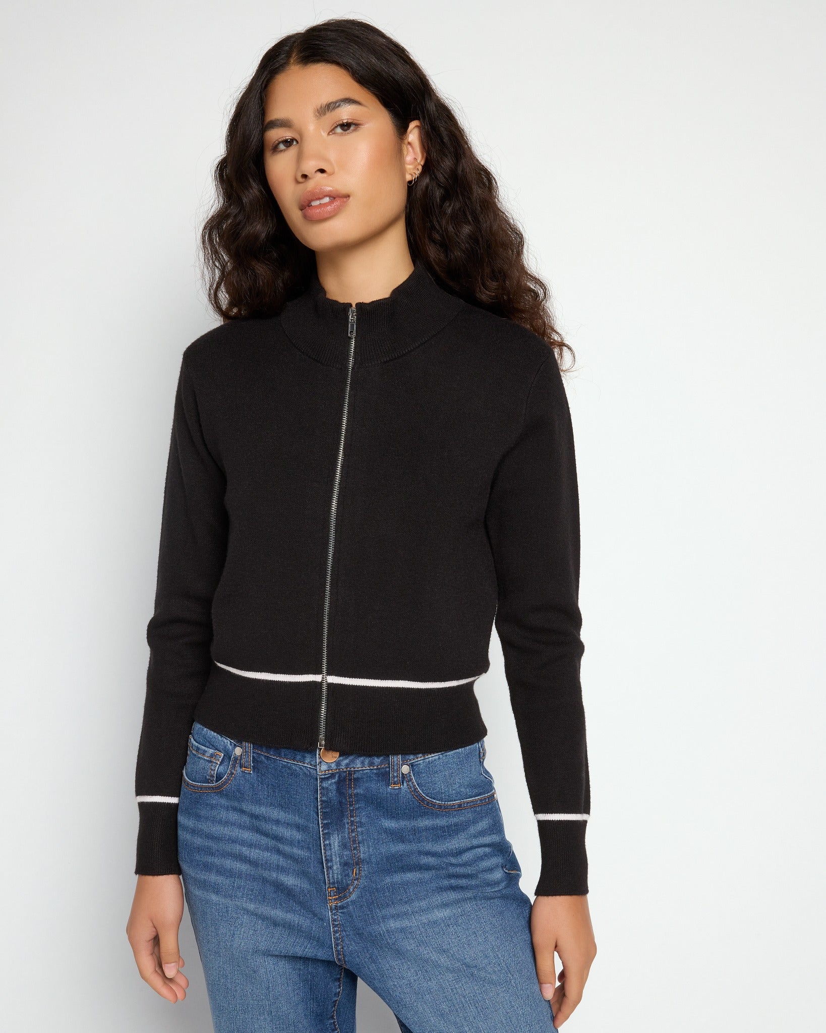 Black $|& Theo & Spence Mock Neck Full Zip Pullover - SOF Front