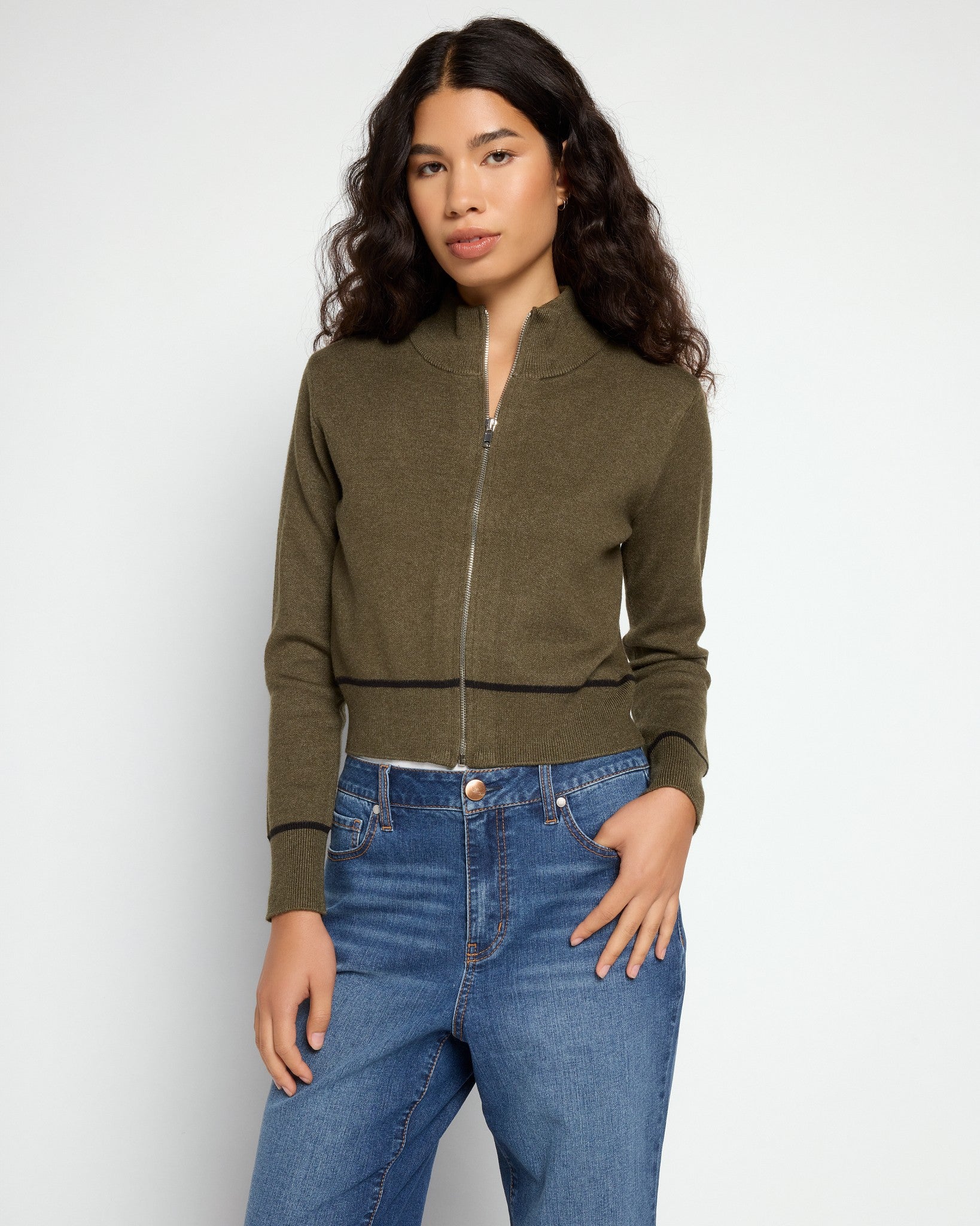 Loden $|& Theo & Spence Mock Neck Full Zip Pullover - SOF Front