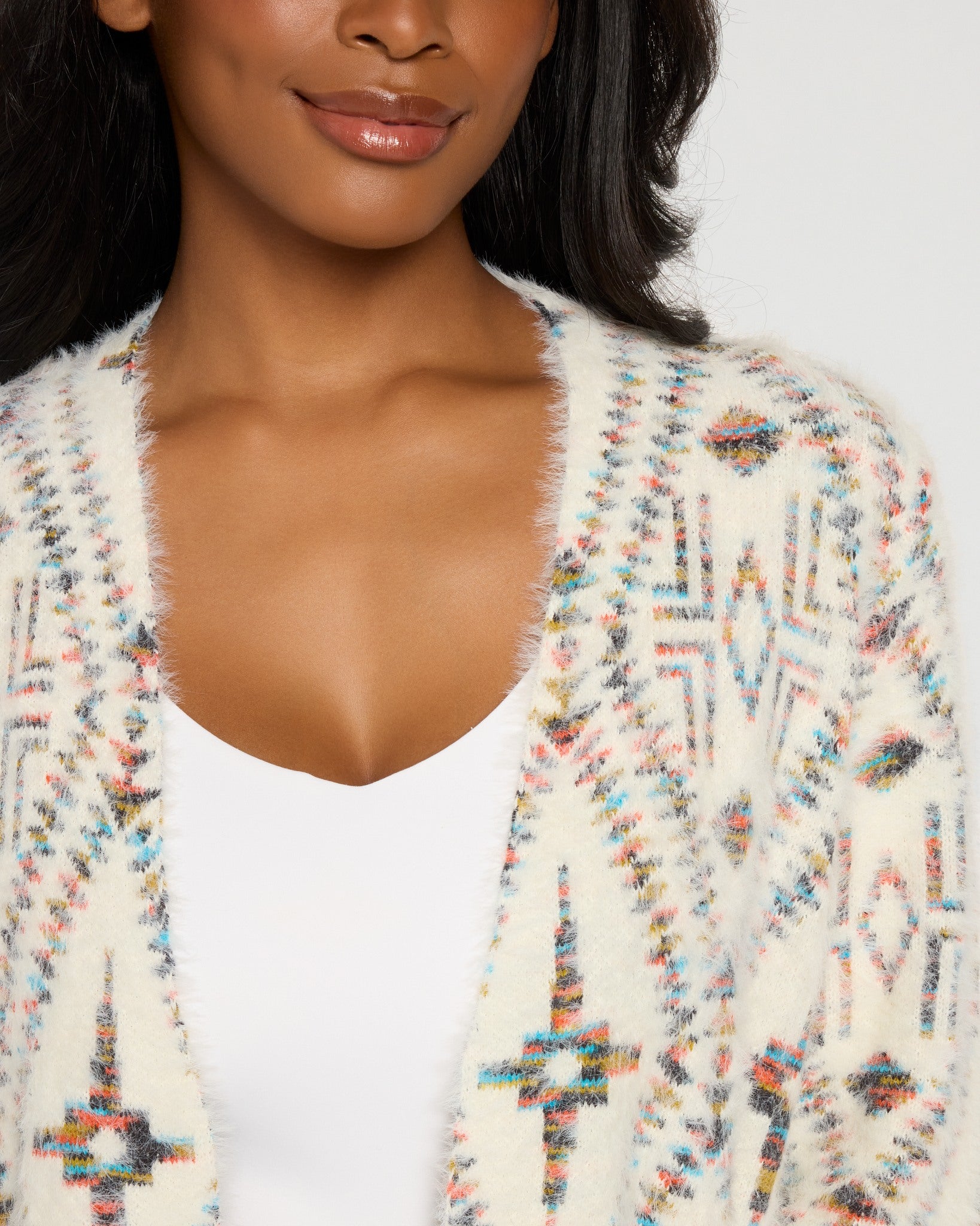 Ivory Mix $|& Bobeau Eyelash Open Front Cardigan - SOF Full Front
