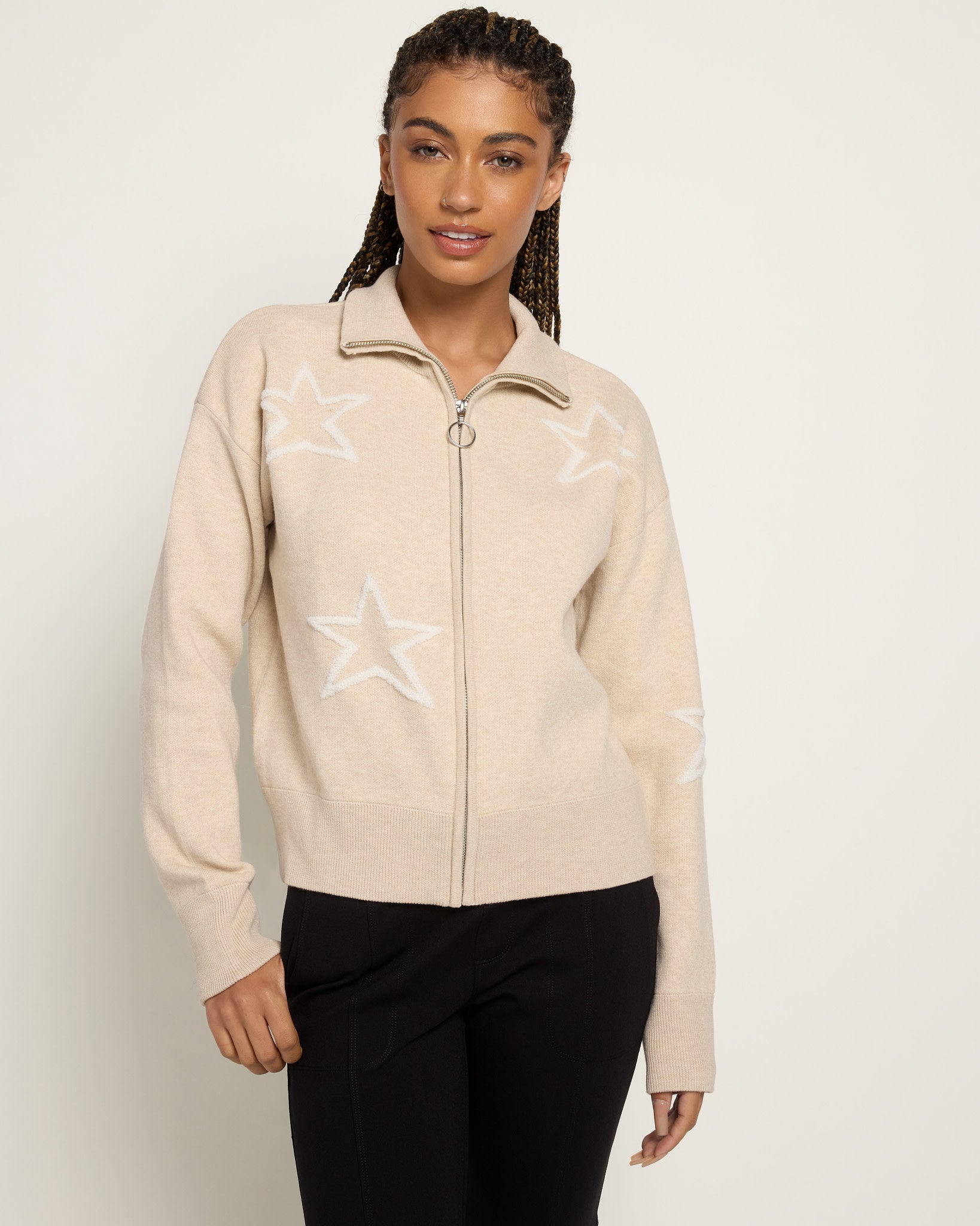 Oatmeal $|& Bobeau Star Zip Up Sweater - SOF Front