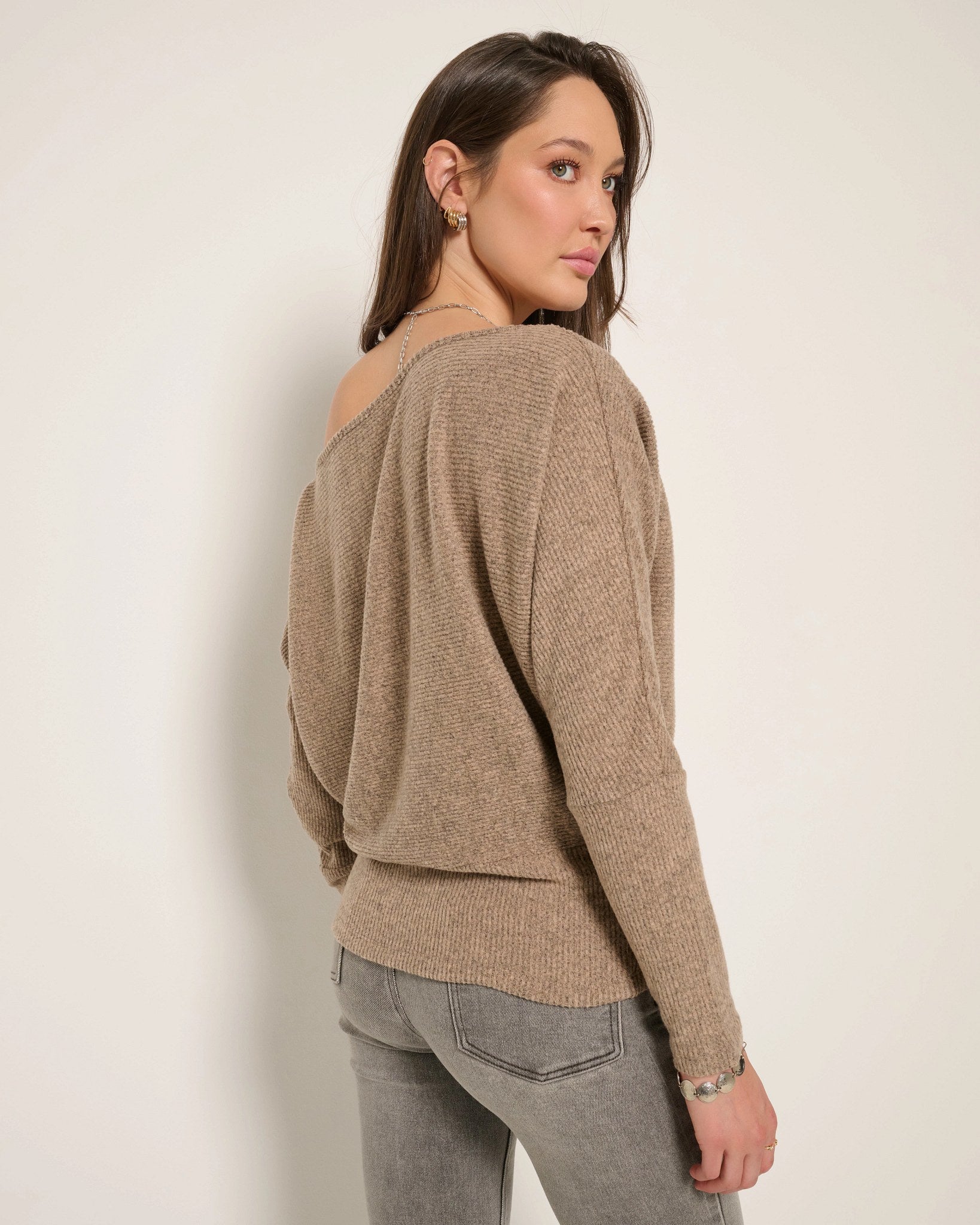 Heather Dark Camel $|& SEAS Mackenzie Off Shoulder Top - SOF Back