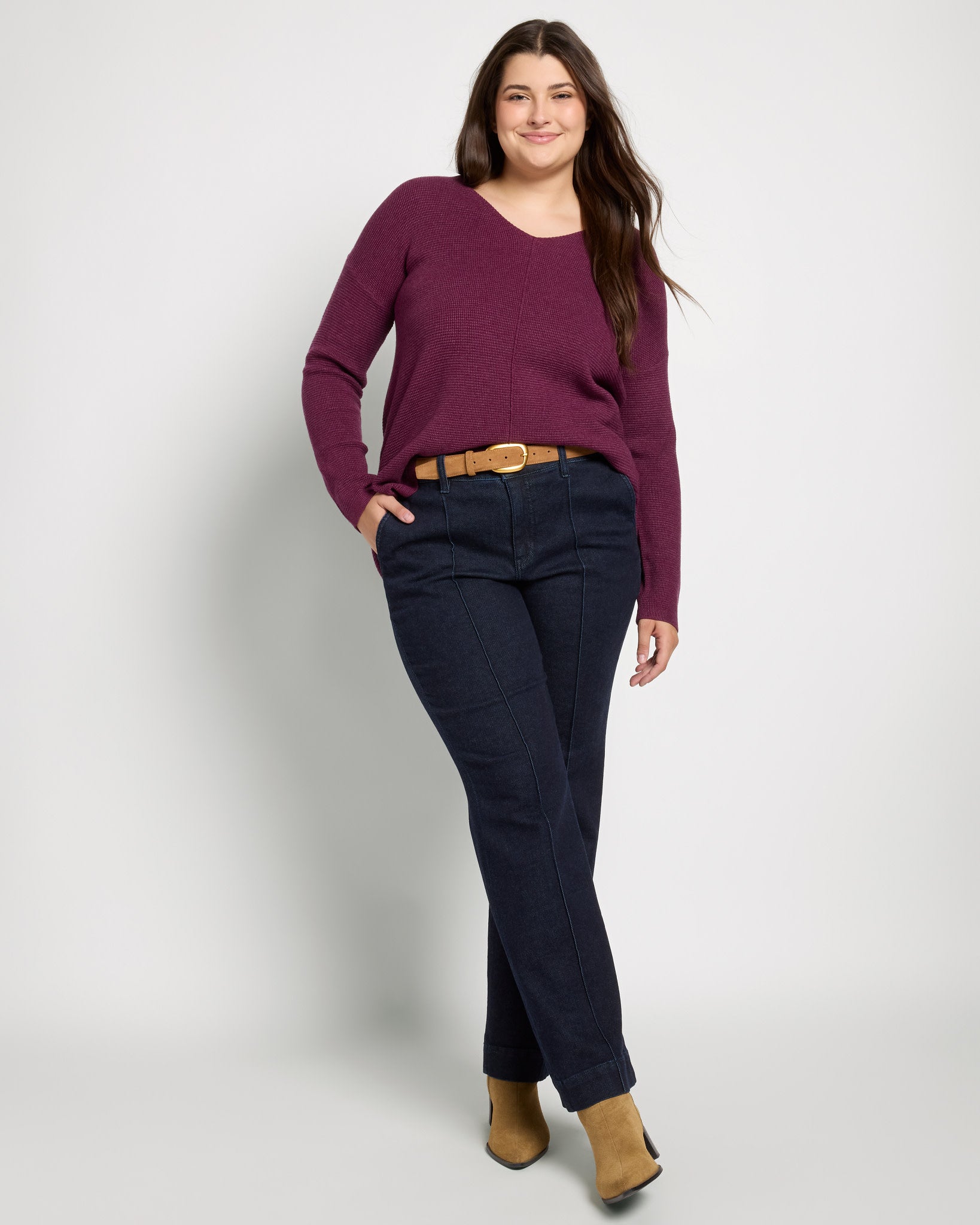 Dark Plum $|& Staccato Mini Waffle Pullover Sweater - UGC On Fig