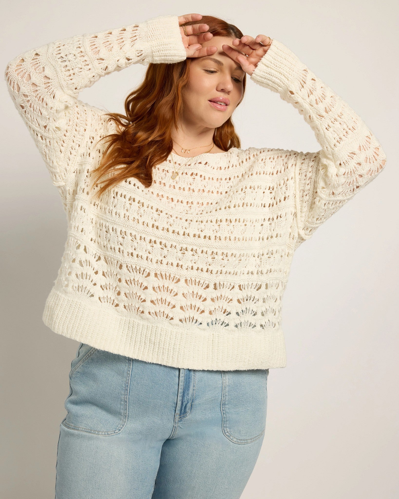 White $|& SEAS Sage Off Shoulder Pointelle Sweater - VOF Front