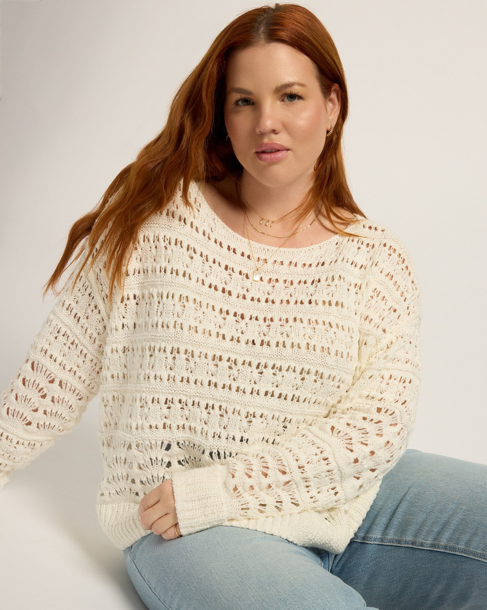 White $|& SEAS Sage Off Shoulder Pointelle Sweater - SOF Front