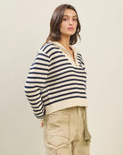 Cream-Black $|& ABLE Stripe Quarter Zip Pullover - Hanger Front