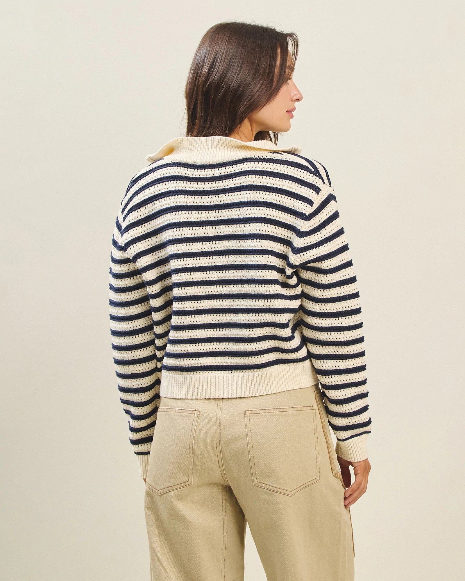 Cream-Black $|& ABLE Stripe Quarter Zip Pullover - Hanger Side