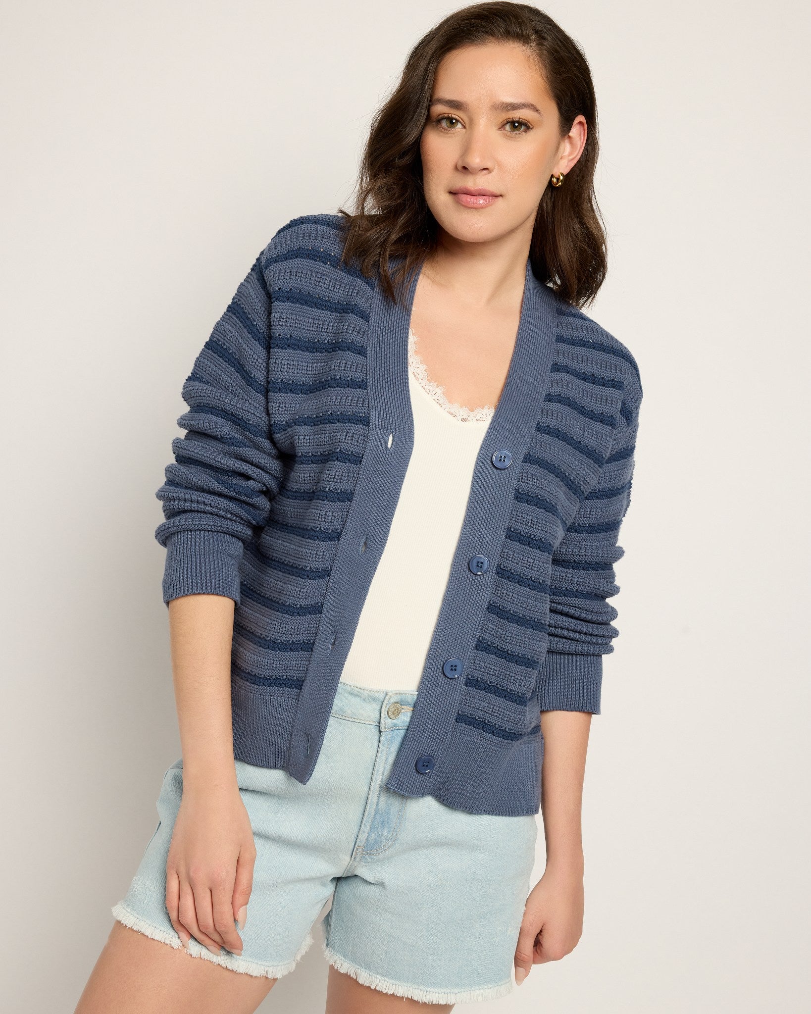 Indigo Haze $|& SEAS Glacier Striped Cardigan - SOF Front