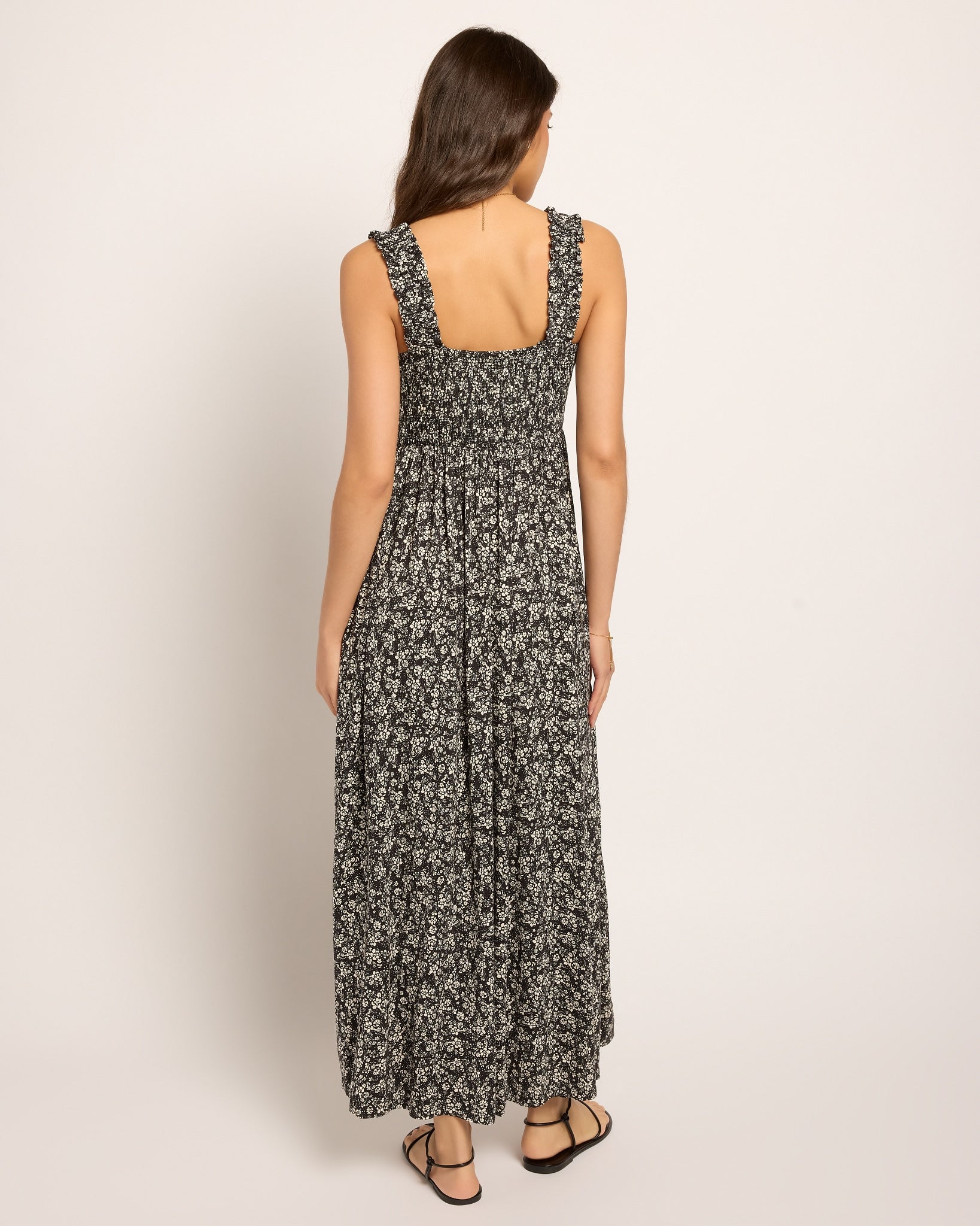 Black Floral $|& SEAS Westbreeze Printed Smocked Maxi Dress - SOF Back