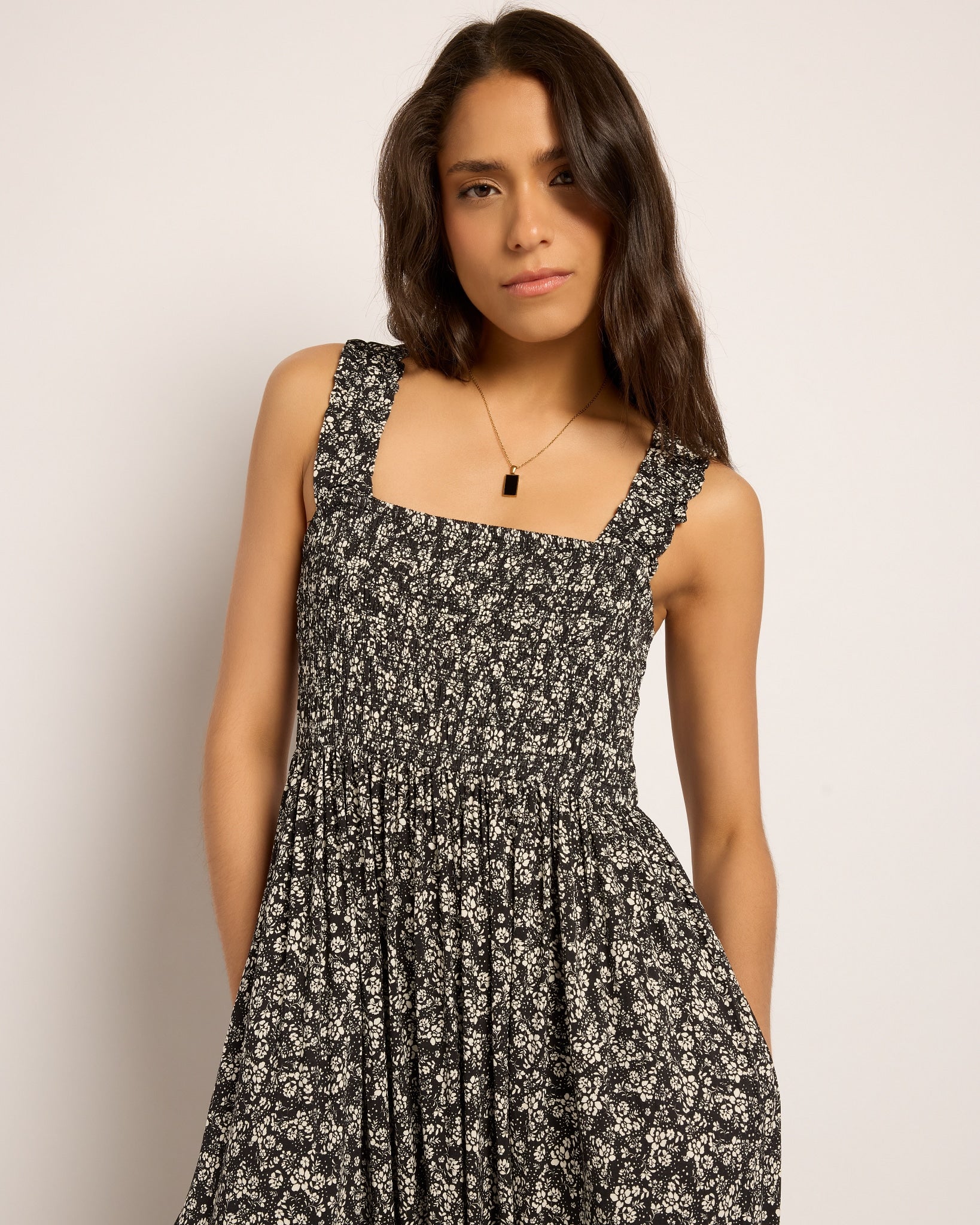 Black Floral $|& SEAS Westbreeze Printed Smocked Maxi Dress - SOF Front