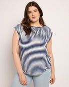 White/Sapphire $|& SEAS Brentwood Boat Neck Stripe Top - SOF Front