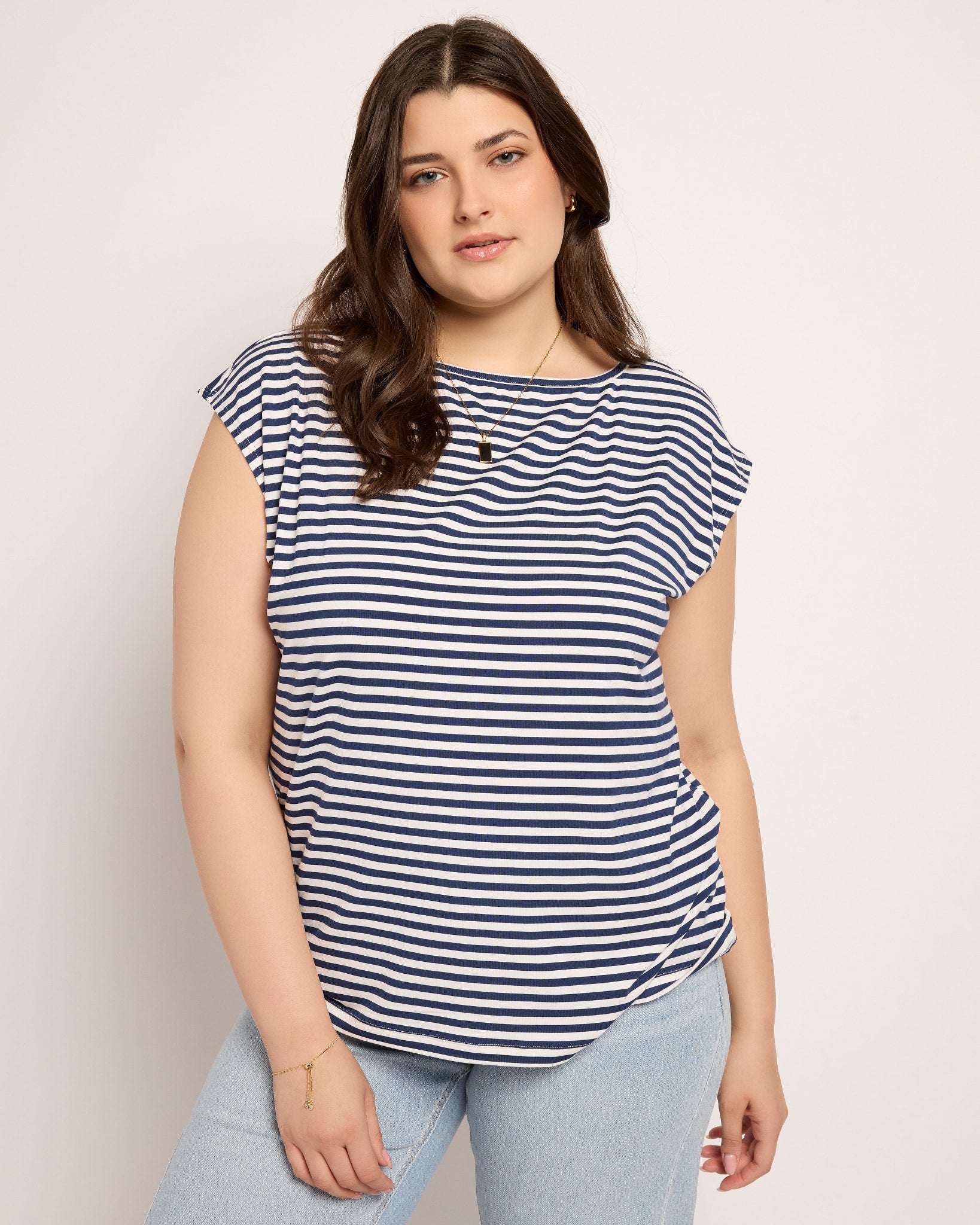 White/Sapphire $|& SEAS Brentwood Boat Neck Stripe Top - SOF Front