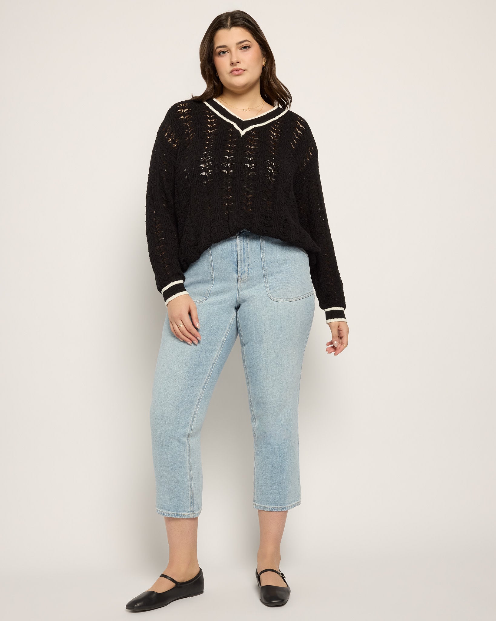 Black $|& SEAS Sandyshores Pointelle V-Neck Sweater - UGC On Fig