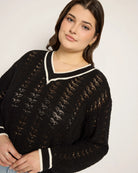 Black $|& SEAS Sandyshores Pointelle V-Neck Sweater - VOF Front