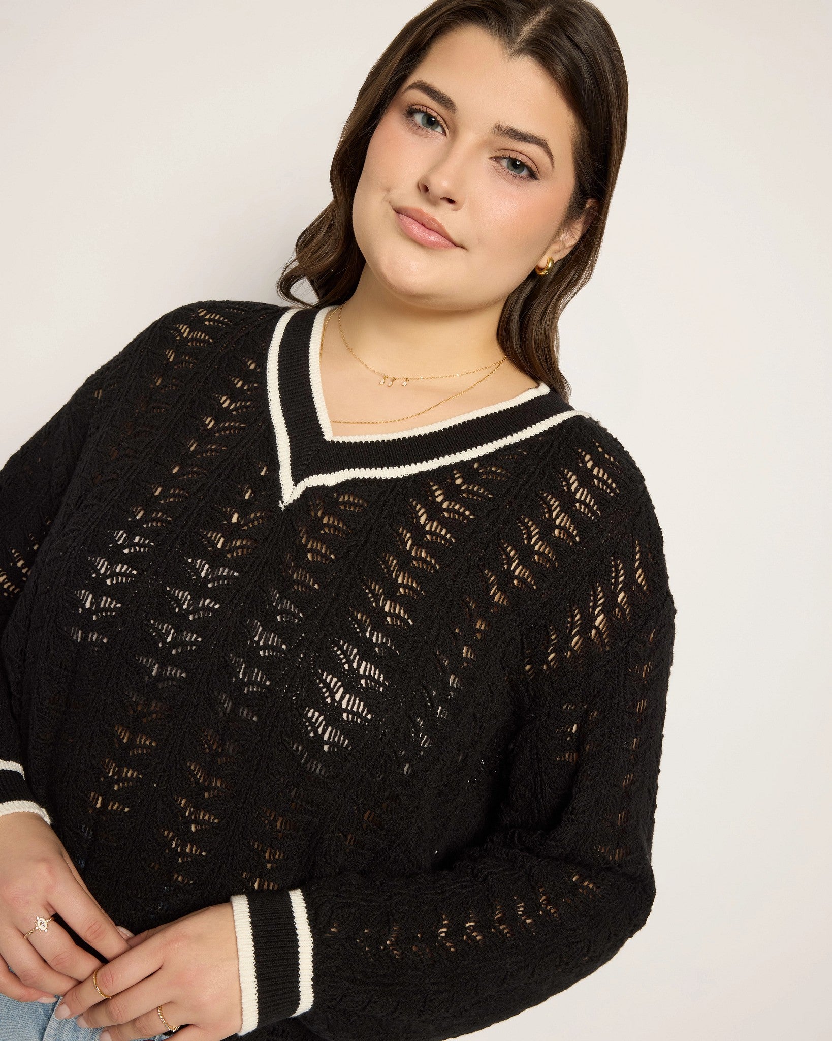 Black $|& SEAS Sandyshores Pointelle V-Neck Sweater - VOF Front