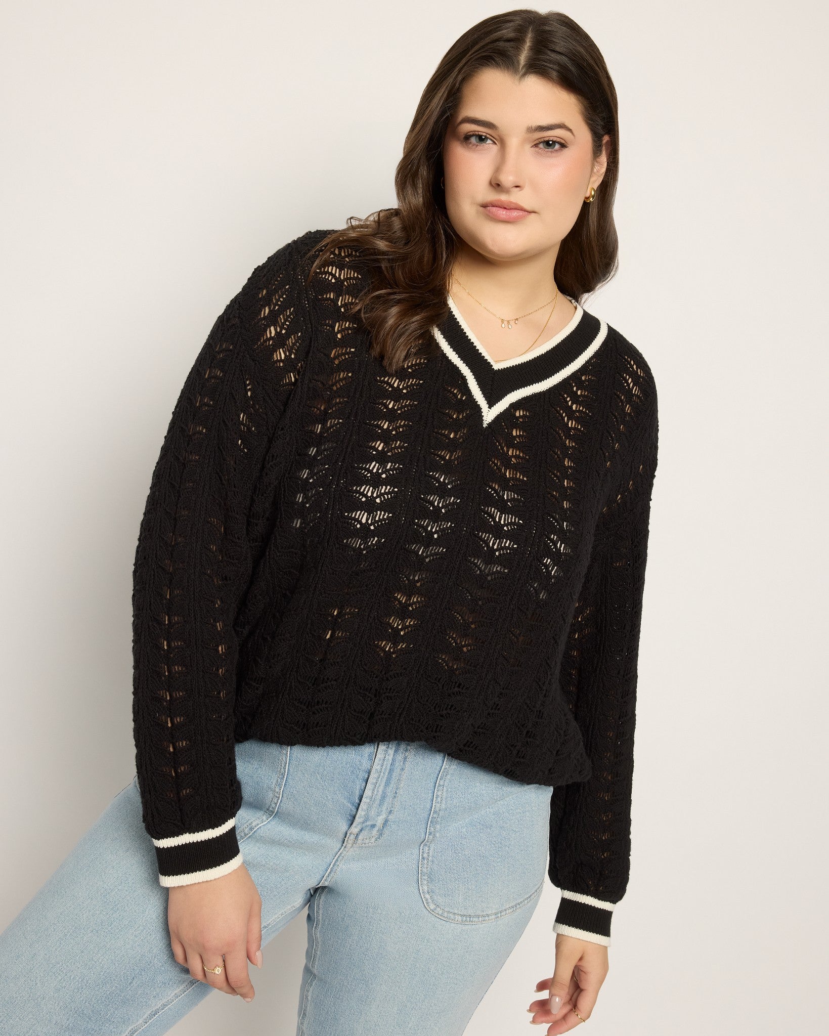 Black $|& SEAS Sandyshores Pointelle V-Neck Sweater - SOF Front