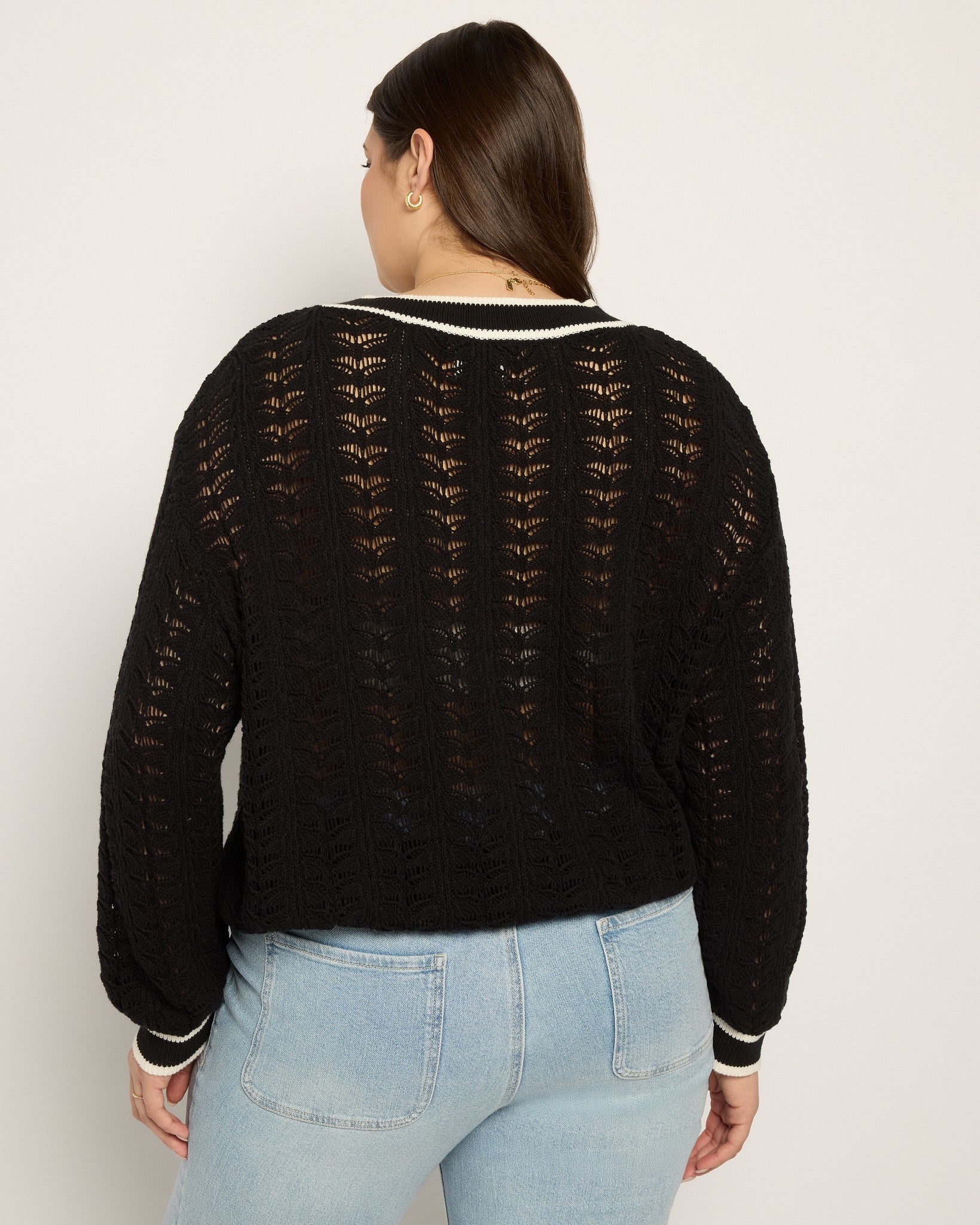 Black $|& SEAS Sandyshores Pointelle V-Neck Sweater - SOF Back