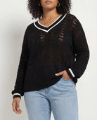 Black $|& SEAS Sandyshores Pointelle V-Neck Sweater - SOF Front