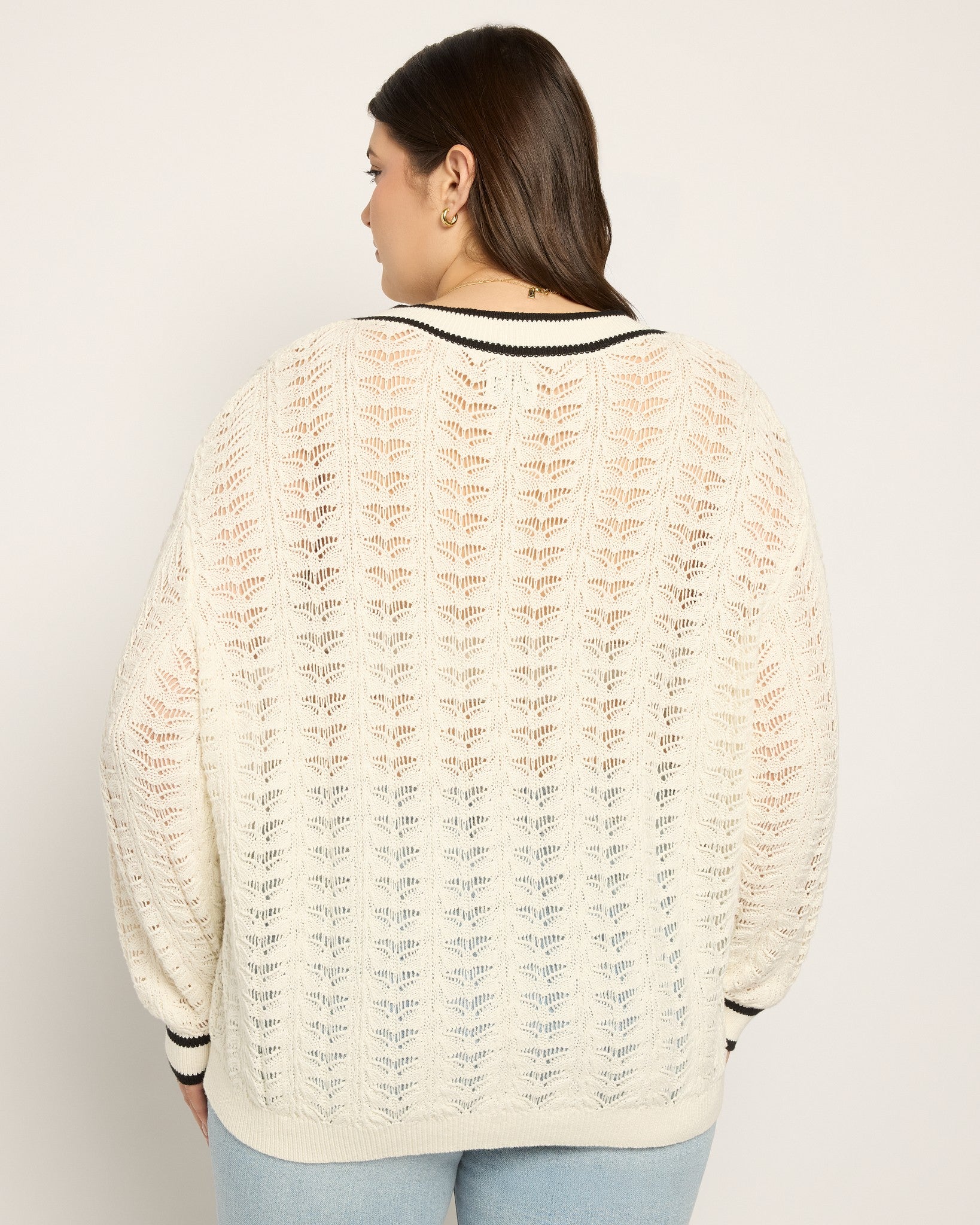 White $|& SEAS Sandyshores Pointelle V-Neck Sweater - SOF Back