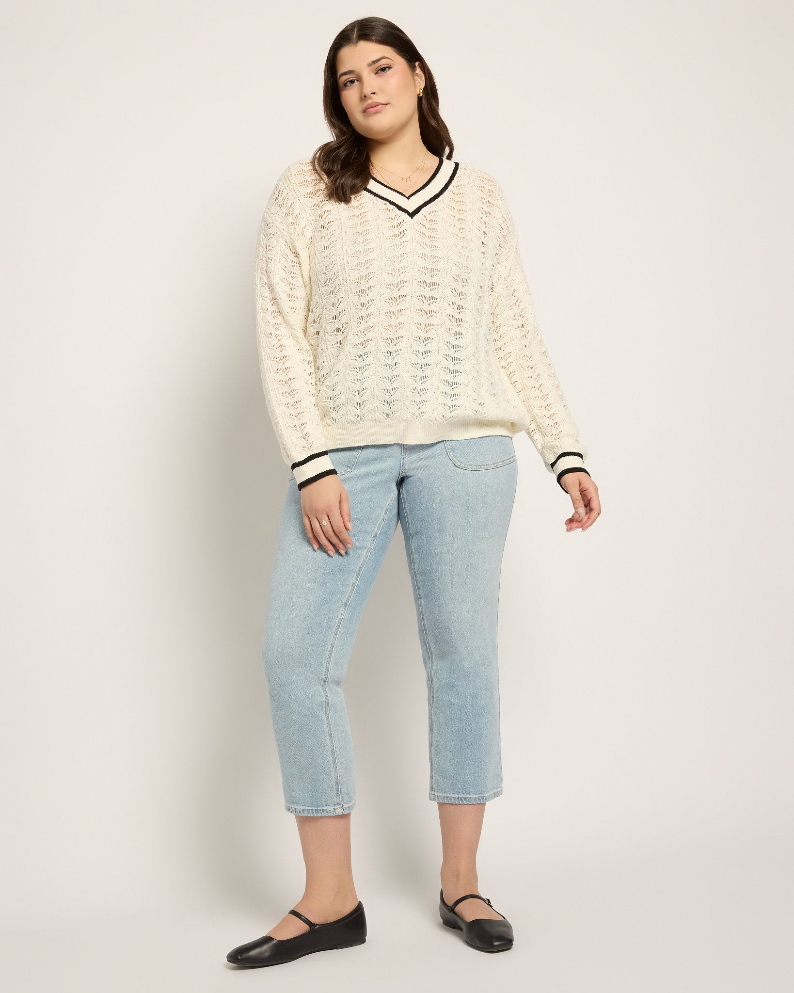 White $|& SEAS Sandyshores Pointelle V-Neck Sweater - UGC On Fig