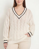 White $|& SEAS Sandyshores Pointelle V-Neck Sweater - SOF Front