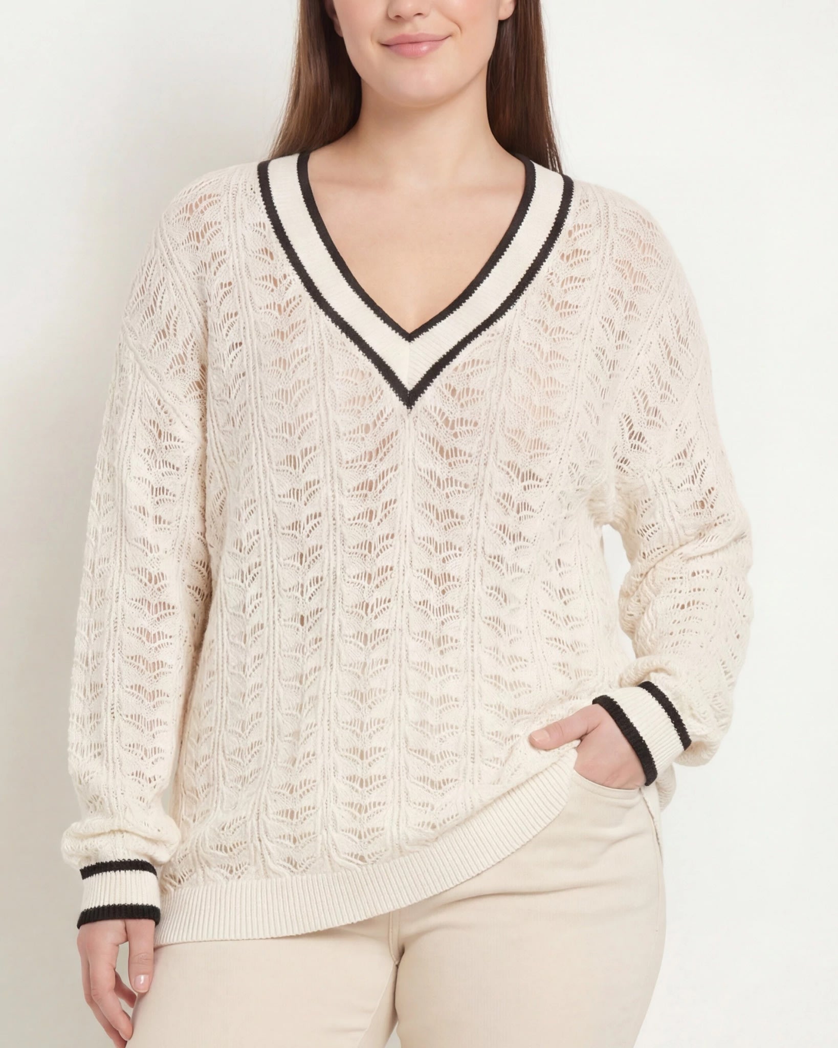 White $|& SEAS Sandyshores Pointelle V-Neck Sweater - SOF Front