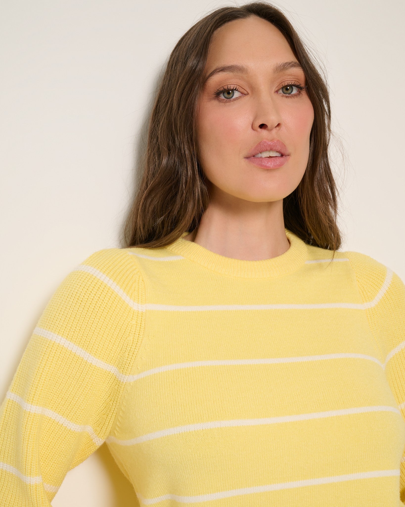 Limoncello $|& SEAS Striped Pacific Puff Shoulder Crew Neck Sweater - SOF Full Front