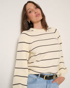 Cream $|& SEAS Striped Pacific Puff Shoulder Crew Neck Sweater - VOF Front