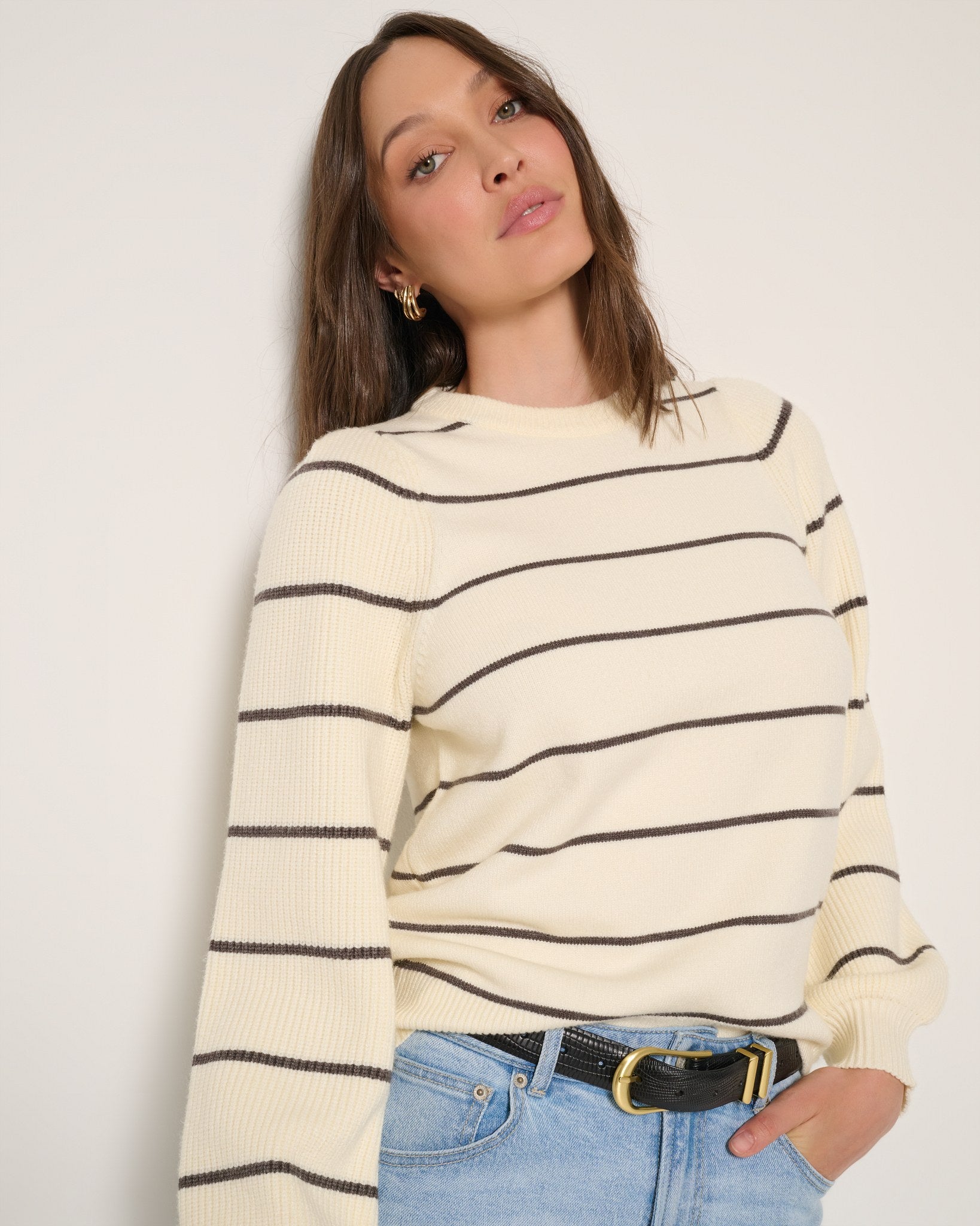 Cream $|& SEAS Striped Pacific Puff Shoulder Crew Neck Sweater - VOF Front