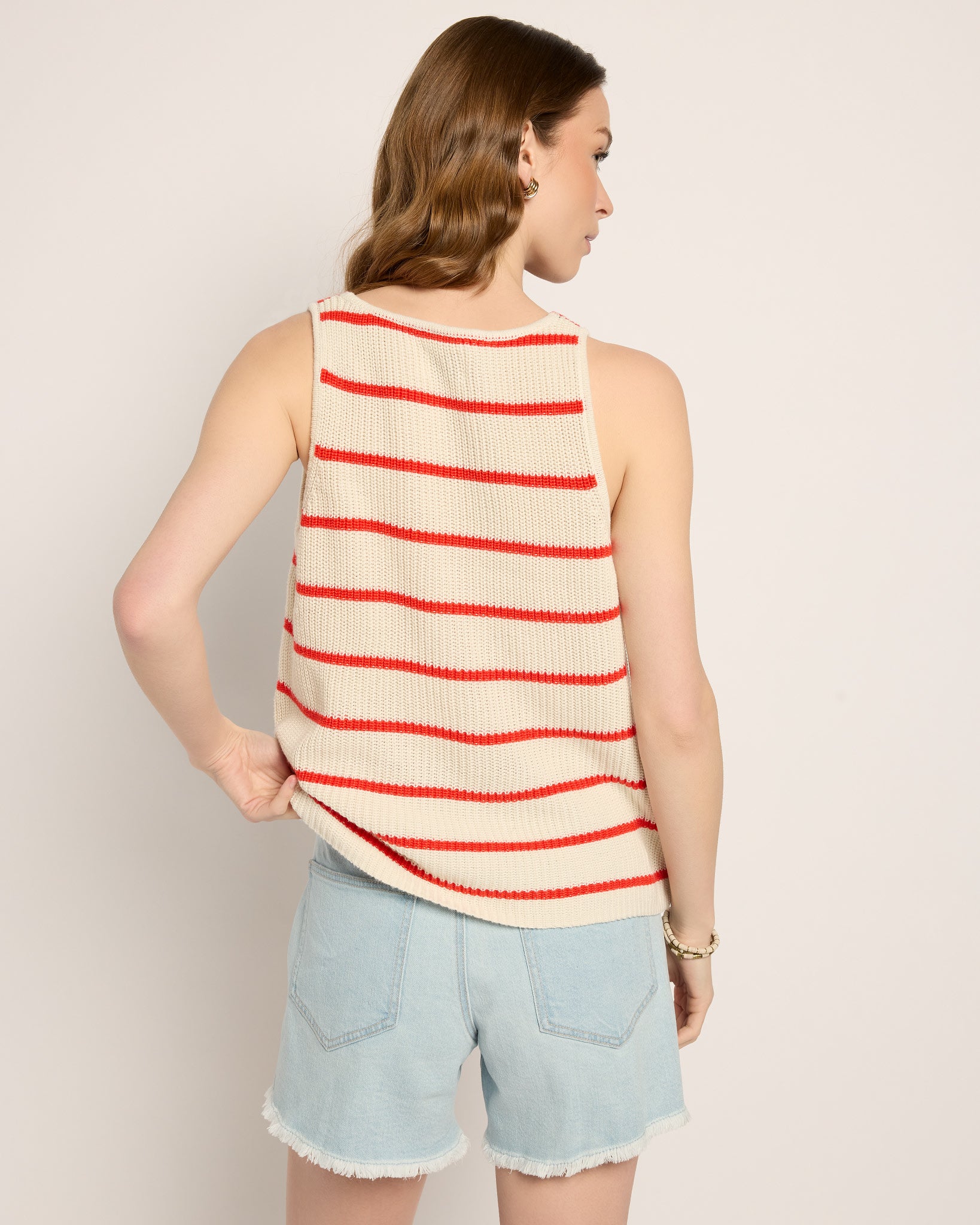 Cream/Red Stripe $|& SEAS Coastal V-Neck Stripe Sweater Tank - SOF Back