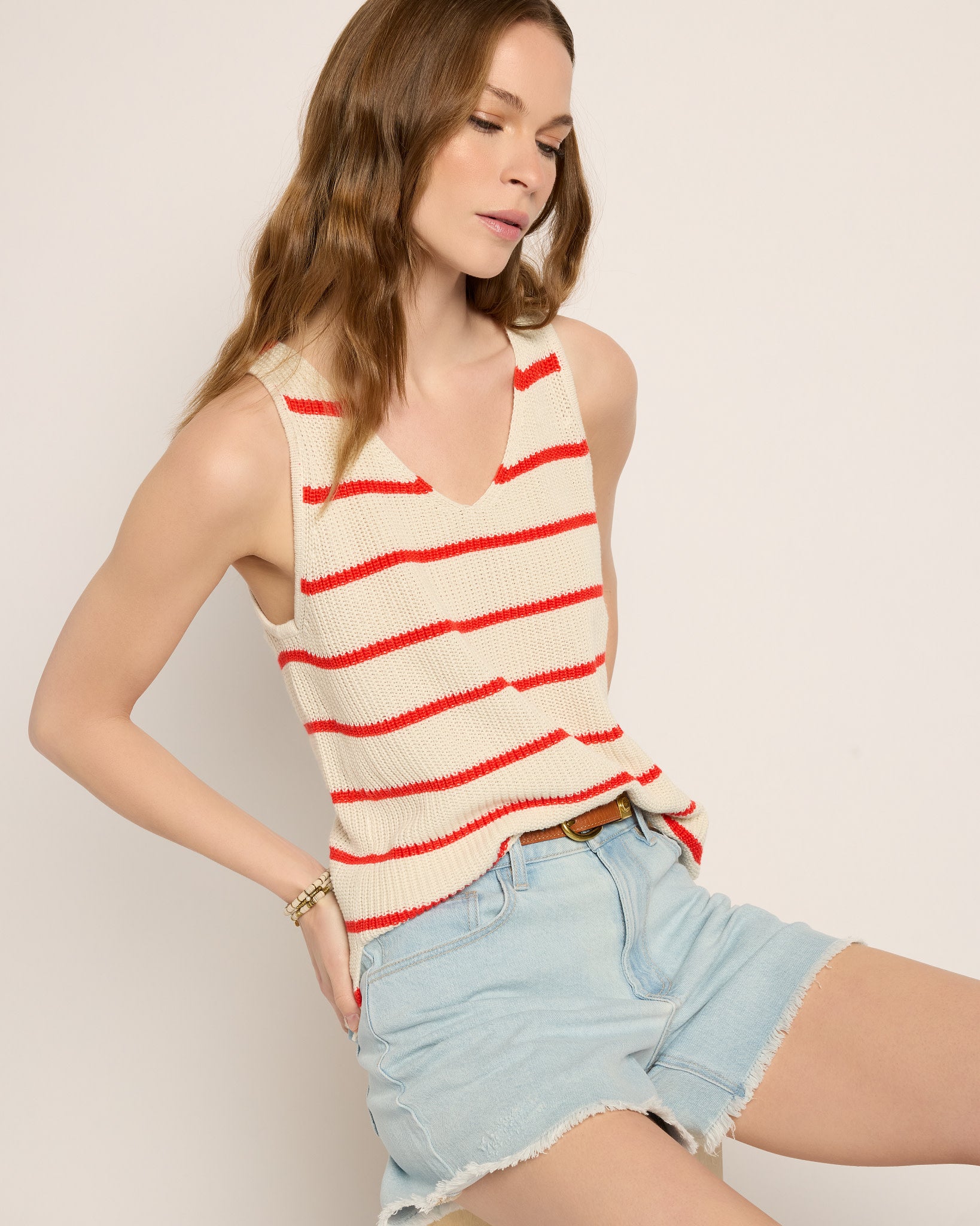 Cream/Red Stripe $|& SEAS Coastal V-Neck Stripe Sweater Tank - UGC On Fig