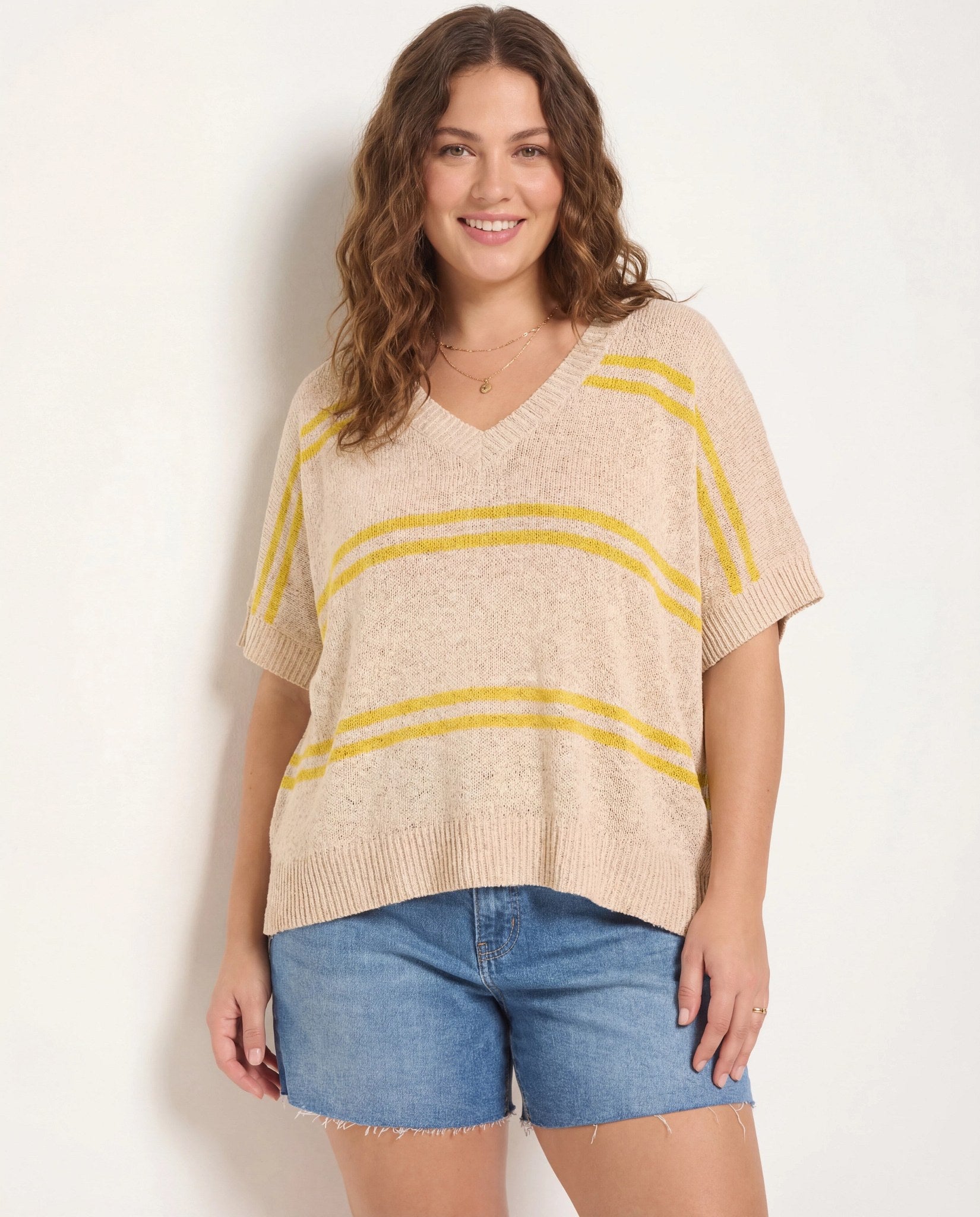 Birch Stripe $|& SEAS Wavetide Stripe V-Neck Sweater Tee - VOF Detail