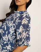 Blue/Ivory Floral $|& Bobeau Floral Ruffle Neck Button Up Top - SOF Full Front