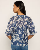 Blue/Ivory Floral $|& Bobeau Floral Ruffle Neck Button Up Top - SOF Back