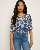 Blue/Ivory Floral $|& Bobeau Floral Ruffle Neck Button Up Top - SOF Front
