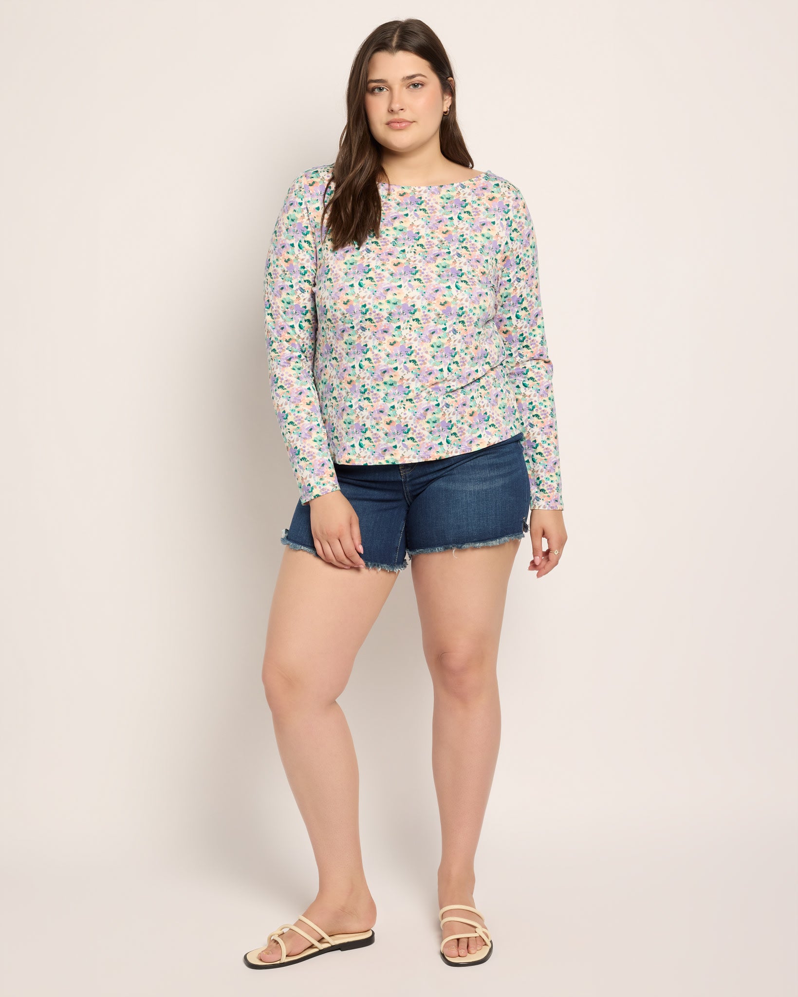 Purple/Peach Floral $|& Bobeau Brushed DTY Boat Neck Long Sleeve Top - UGC On Fig