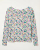 Purple/Peach Floral $|& Bobeau Brushed DTY Boat Neck Long Sleeve Top - VOF Detail