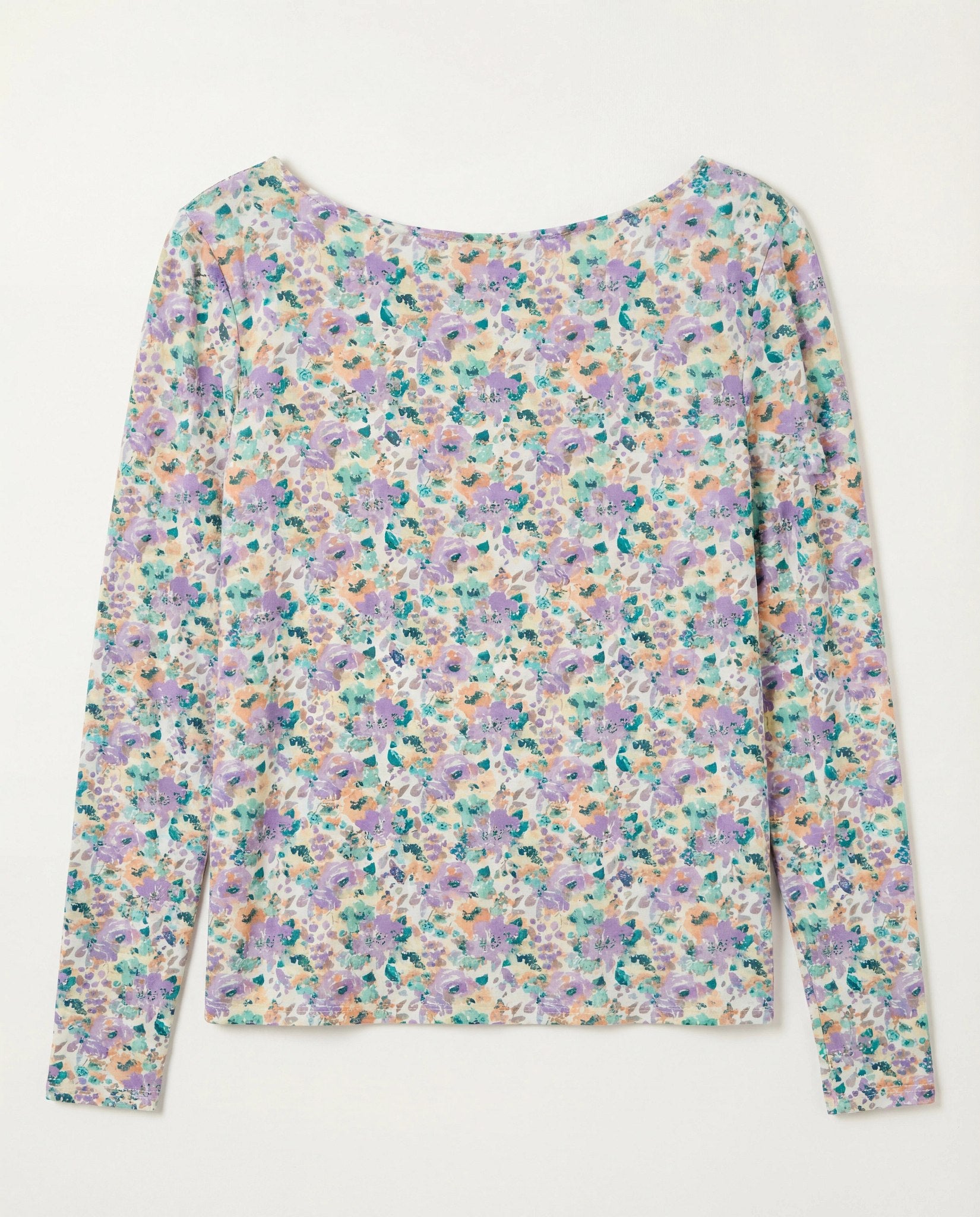 Purple/Peach Floral $|& Bobeau Brushed DTY Boat Neck Long Sleeve Top - VOF Detail